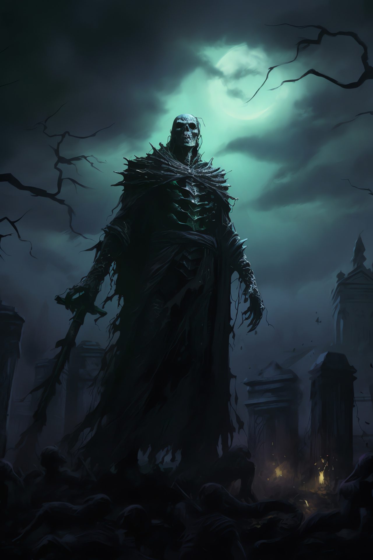 Warlock night scene, undead legion, spectral gloom, tombstone shadows, ghostly congregation, HD Phone Wallpaper