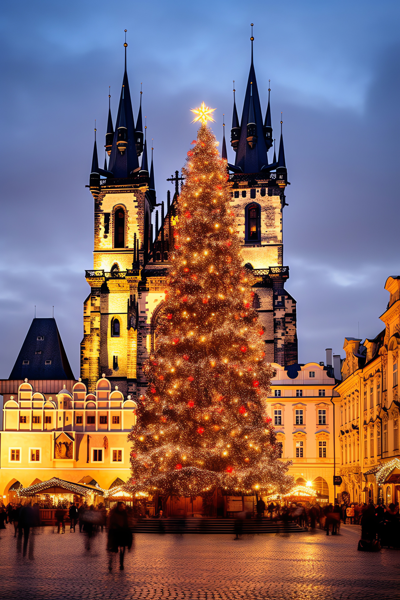 Traditional Yule celebration, historic European city, festive Old Town Square, Czech winter traditions, holiday ambiance, HD Phone Image