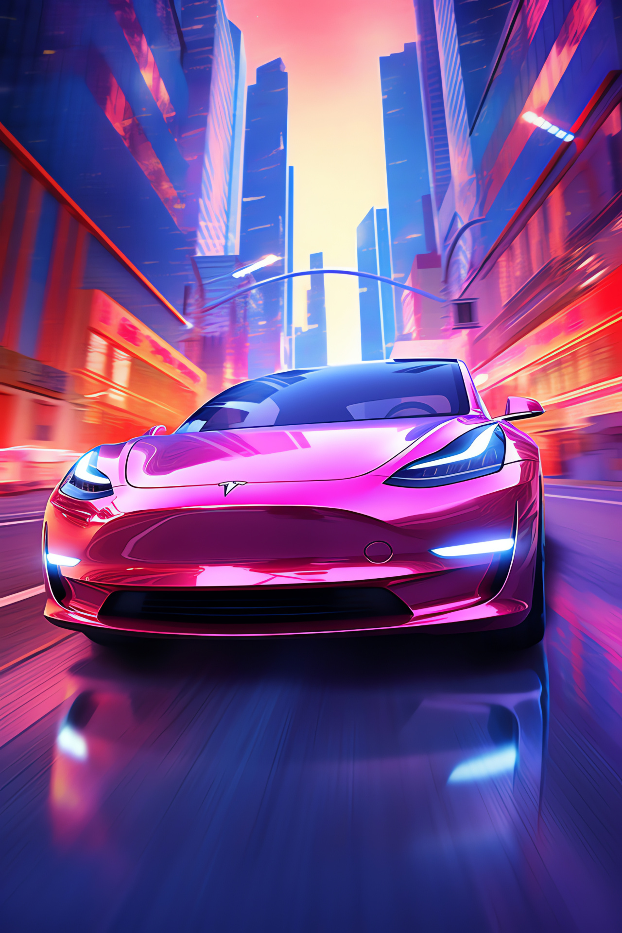 Tesla Model 3, Electric compact car, Urban skyline, Automotive close shot, Scarlet finish, HD Phone Image