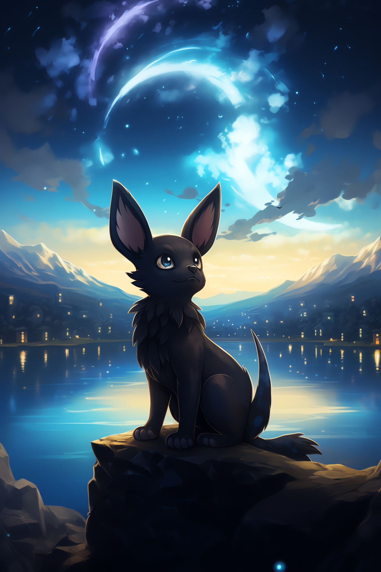 Pokemon Umbreon creature, Nighttime setting, Astral ambience, Rocky precipice, Calm waterscape, HD Phone Image