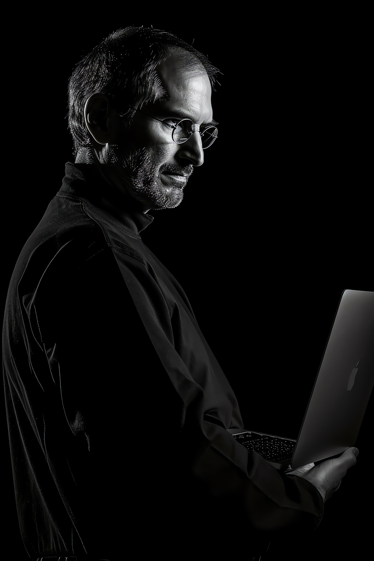 Steve Jobs profound stare, Apple MacBook innovation, Obsidian presentation canvas, Computing icon, Tech leader, HD Phone Wallpaper