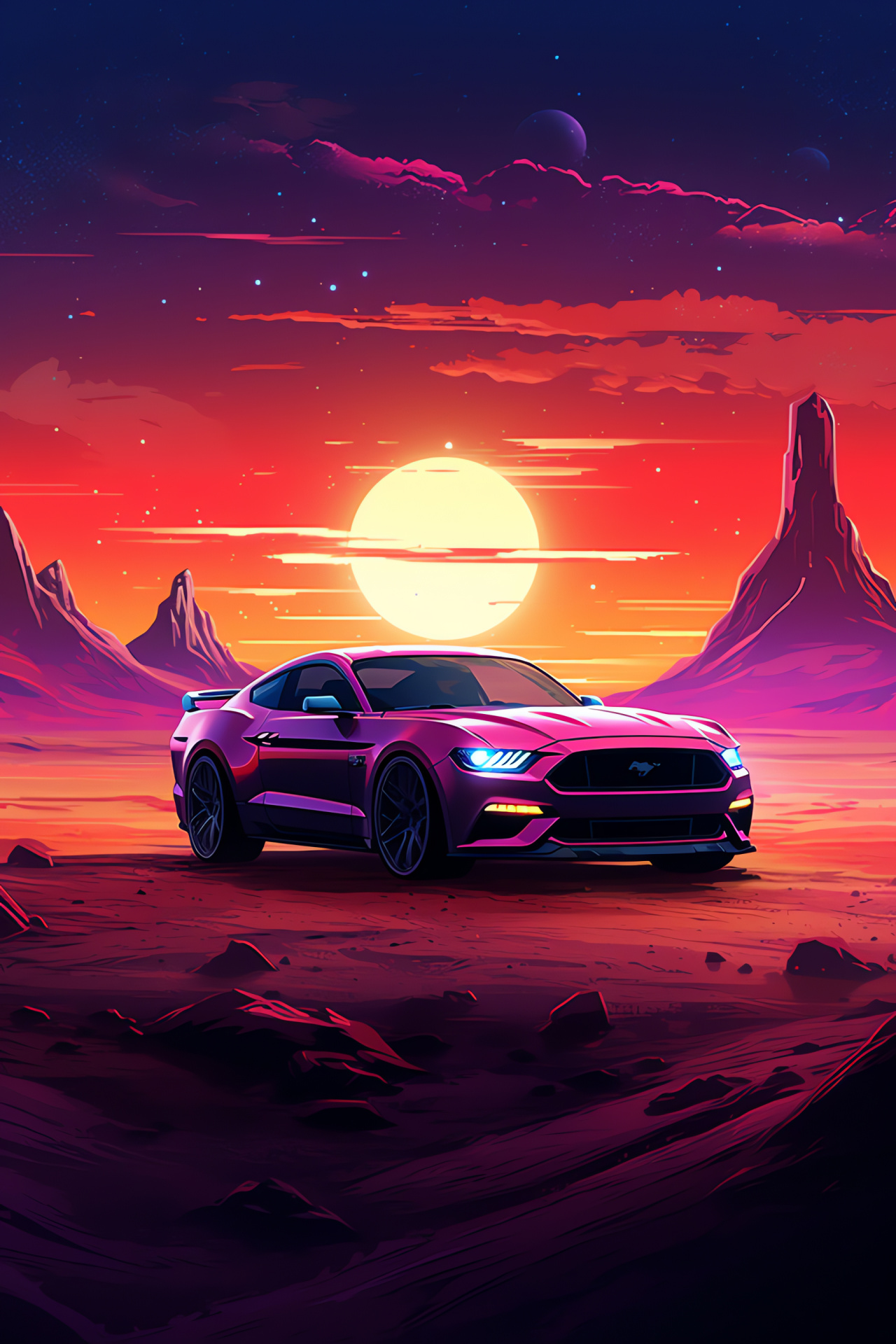 Ford Mustang exploration, Unknown terrain fantasy, Tri-color environment, Intrepid automotive spirit, Alien landscape drama, HD Phone Wallpaper