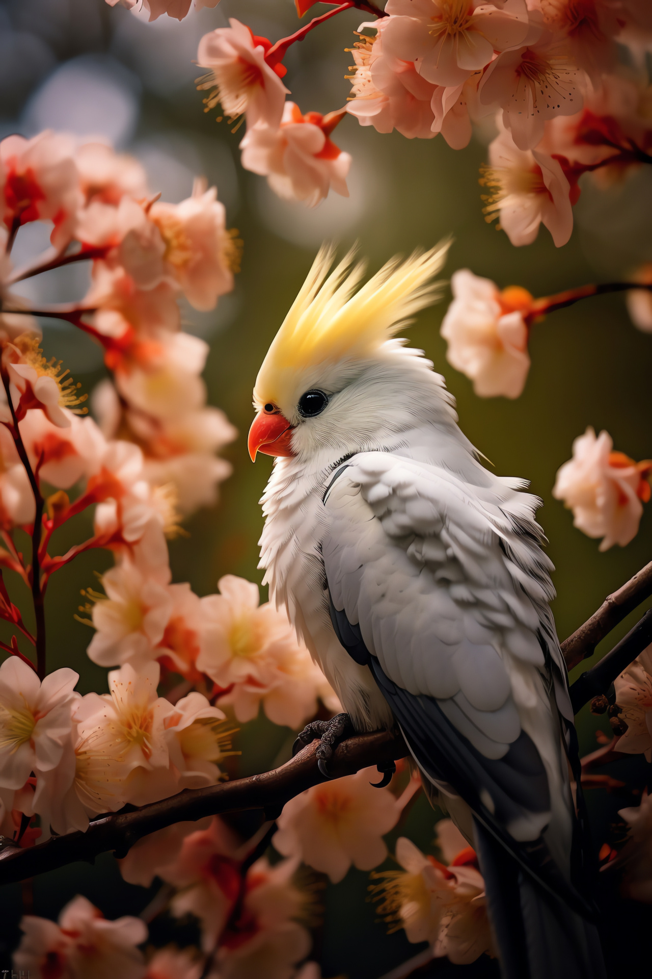 Cockatiel perched, Serene aviary, Bird plumage, Crested head, Flora blossoming, HD Phone Wallpaper