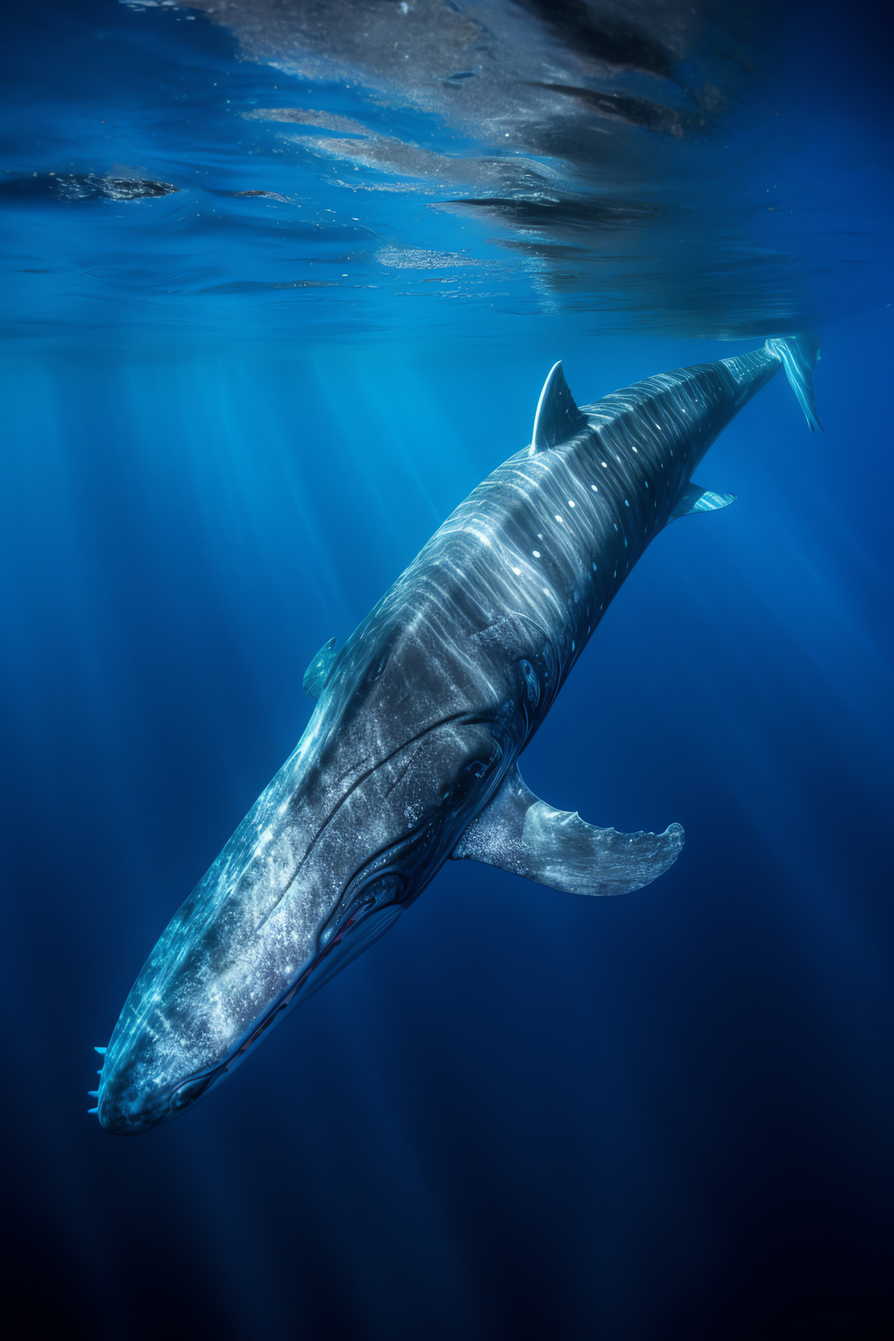 Blue whale, vast Atlantic domain, submarine depths, sapphire hide, gradated hues, HD Phone Image