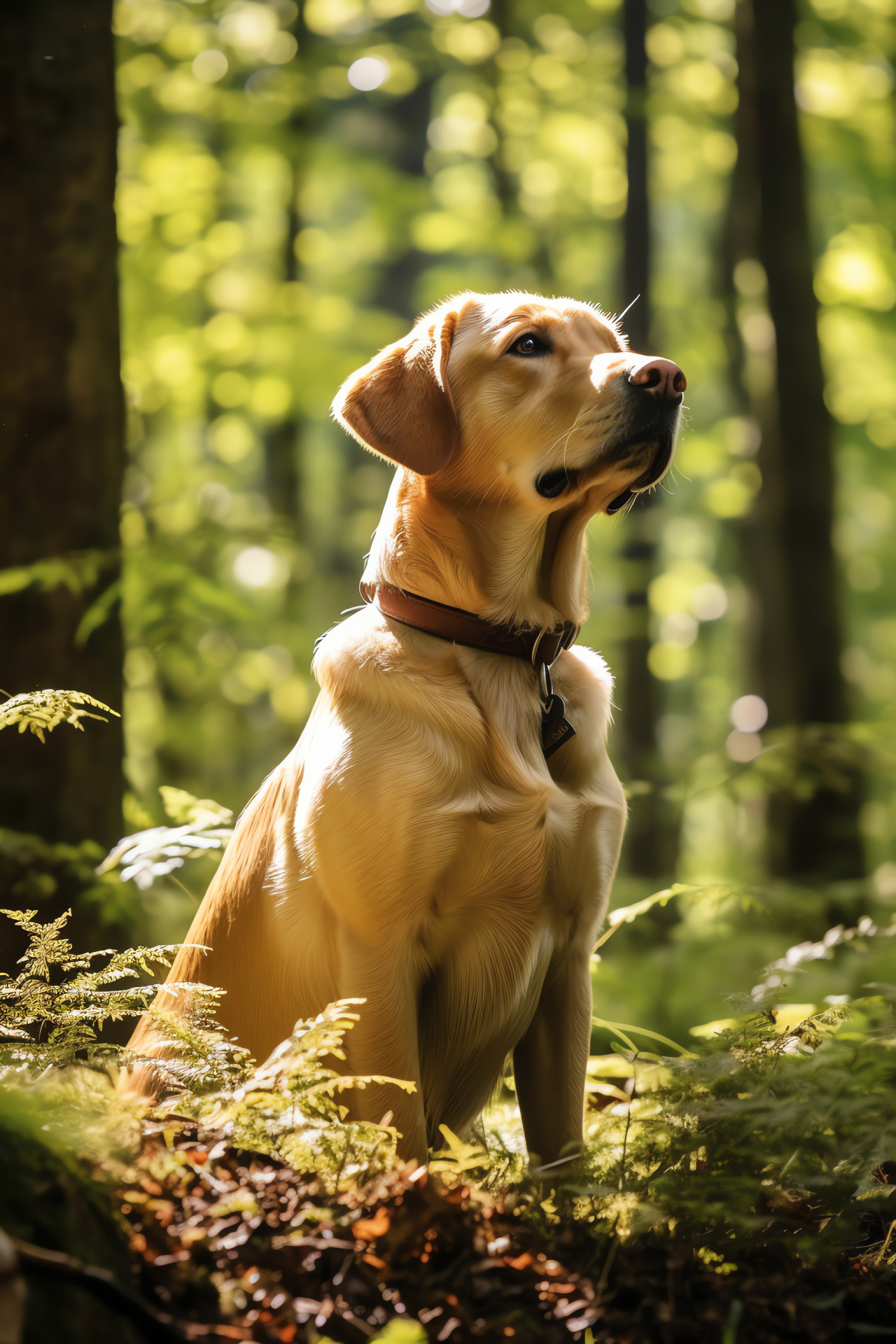 Explorative Yellow Lab, Pet adventure, Forest exploration, Canine wanderlust, Natural setting, HD Phone Wallpaper