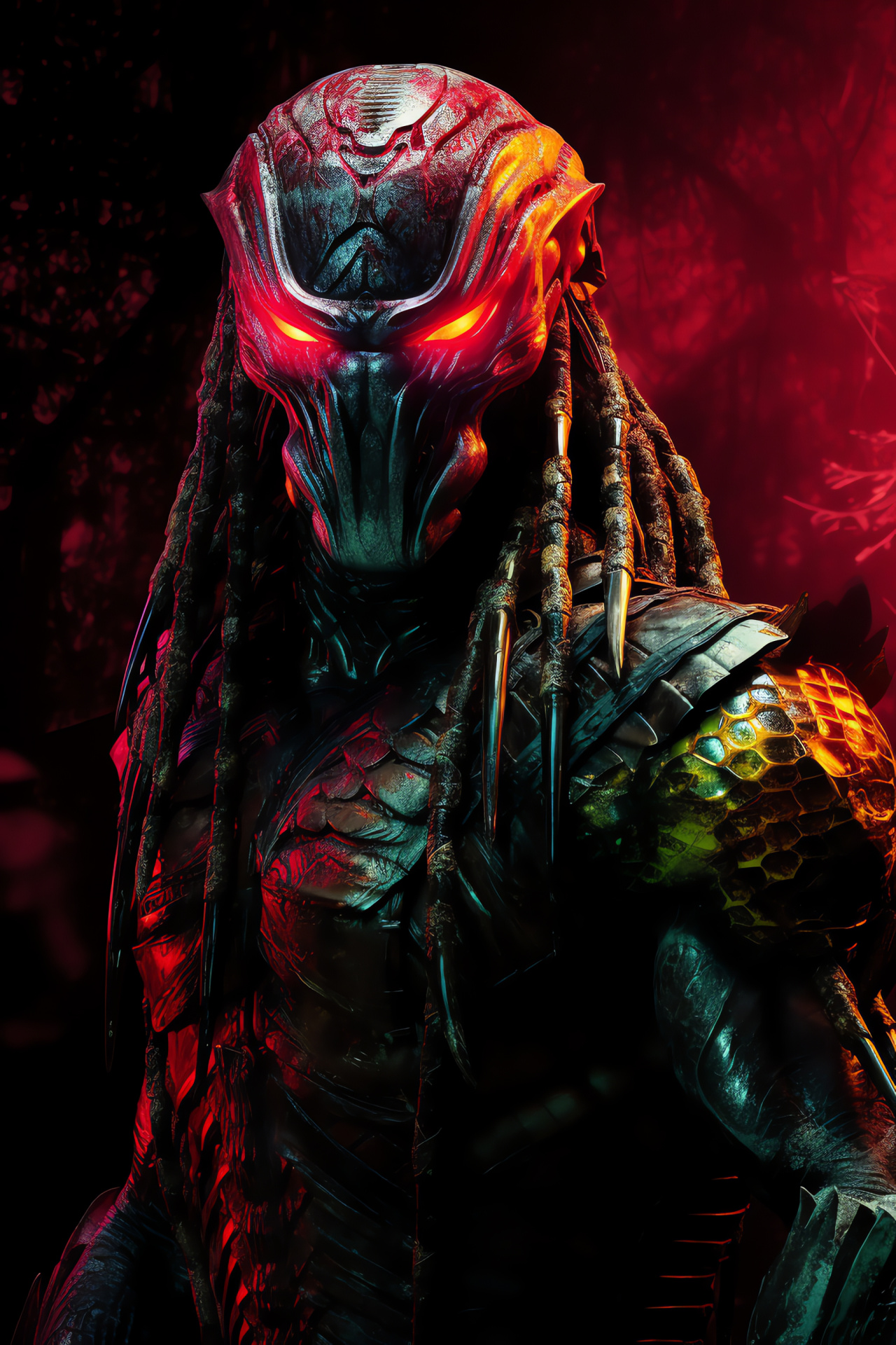 Predator alien, Tri-color background design, Menacing red eyes, Extraterrestrial presence, Dominant predator form, HD Phone Image