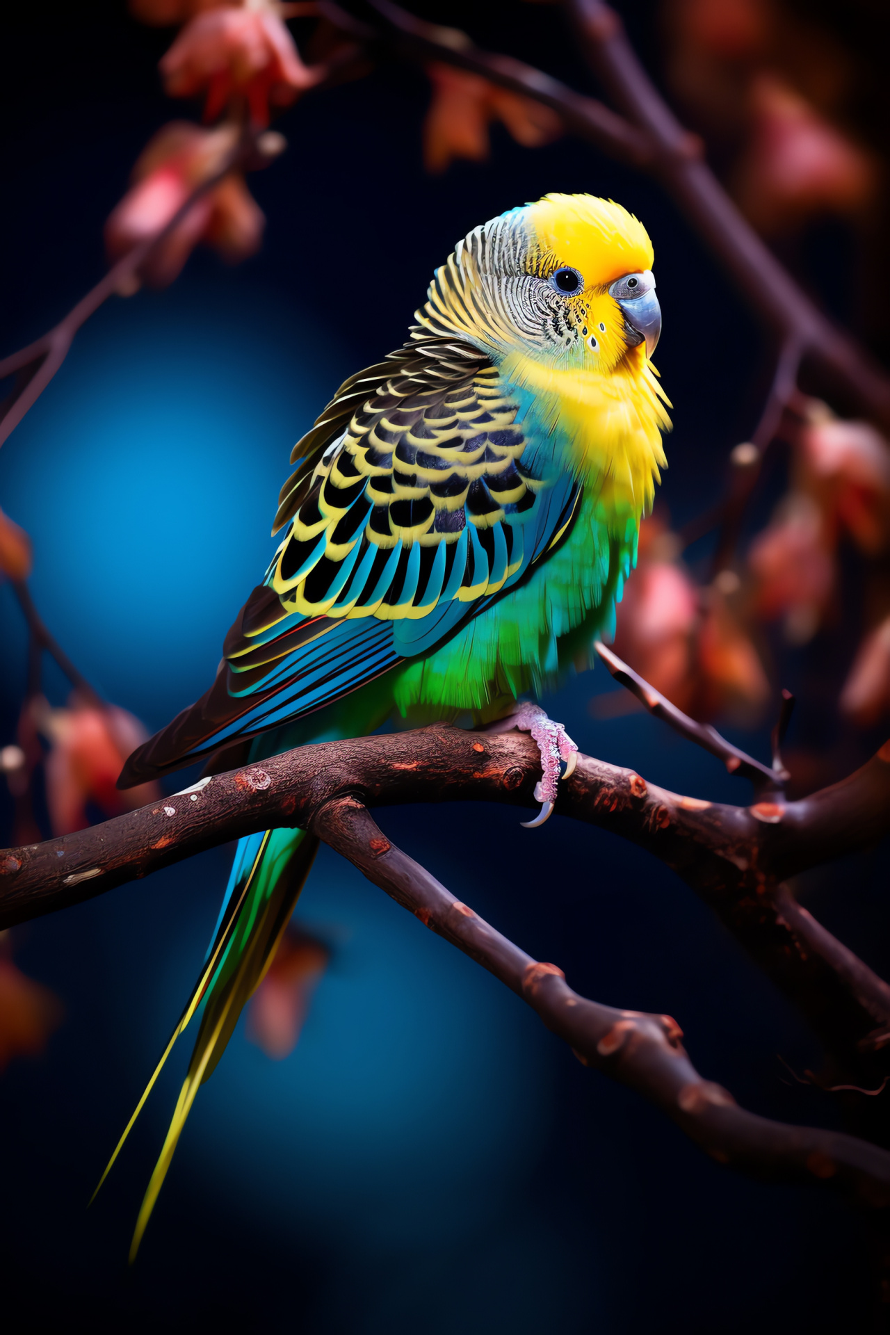 Bright parakeet, blue feathers, avian perching, vivid backdrops, wildlife charm, HD Phone Wallpaper