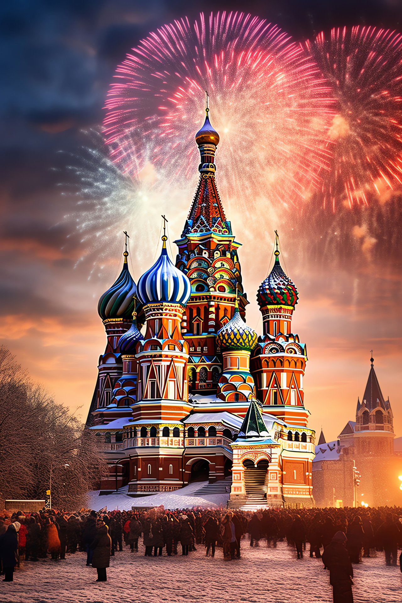 Winter Solstice festivity, Moscow landmarks, Aerial pyrotechnics display, Iconic Red Square, Seasonal celebration, HD Phone Wallpaper