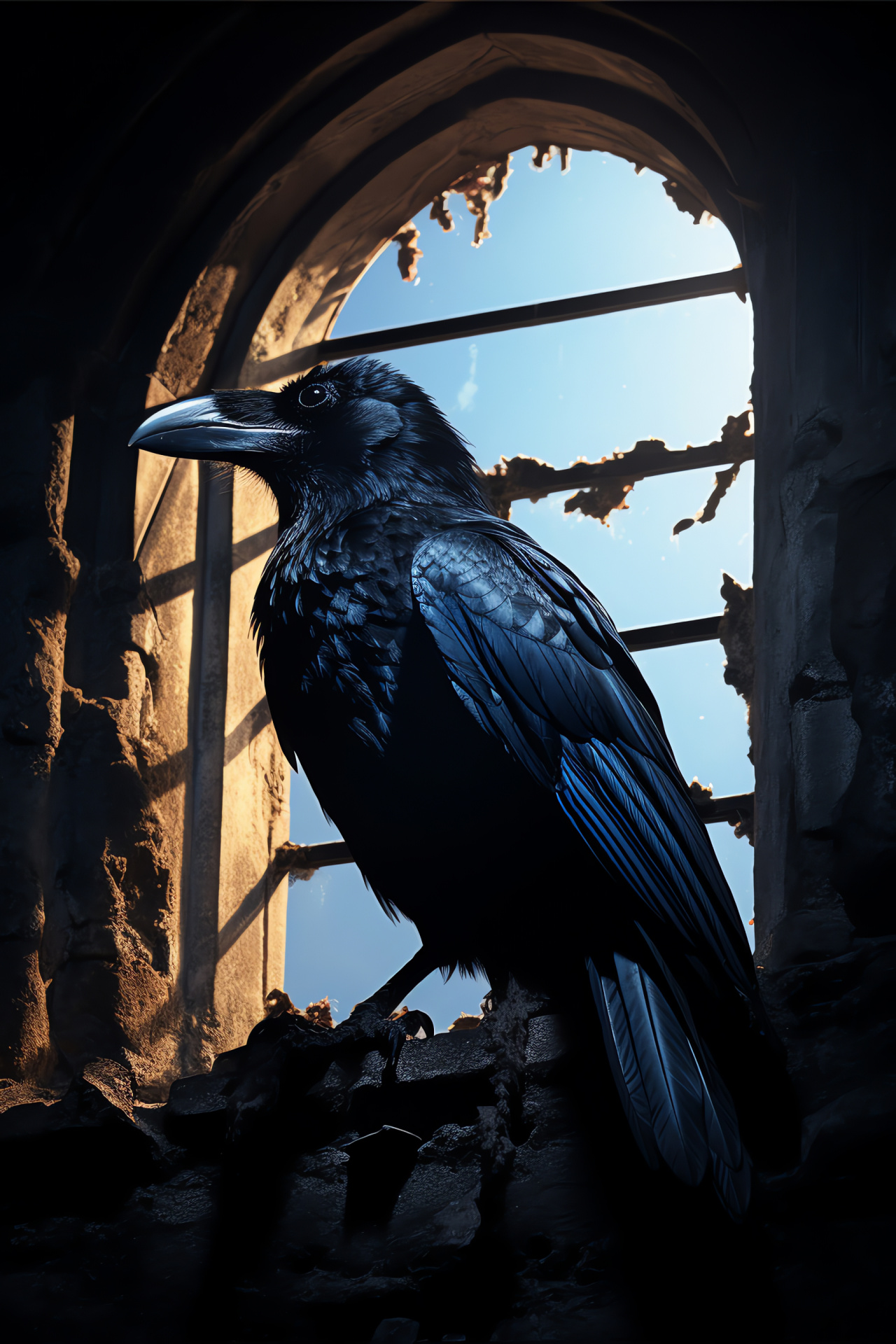 Nocturnal avian creature, dark glossy plumage, Gothic architectural perch, desolate fortress scene, dusk ambiance, HD Phone Image