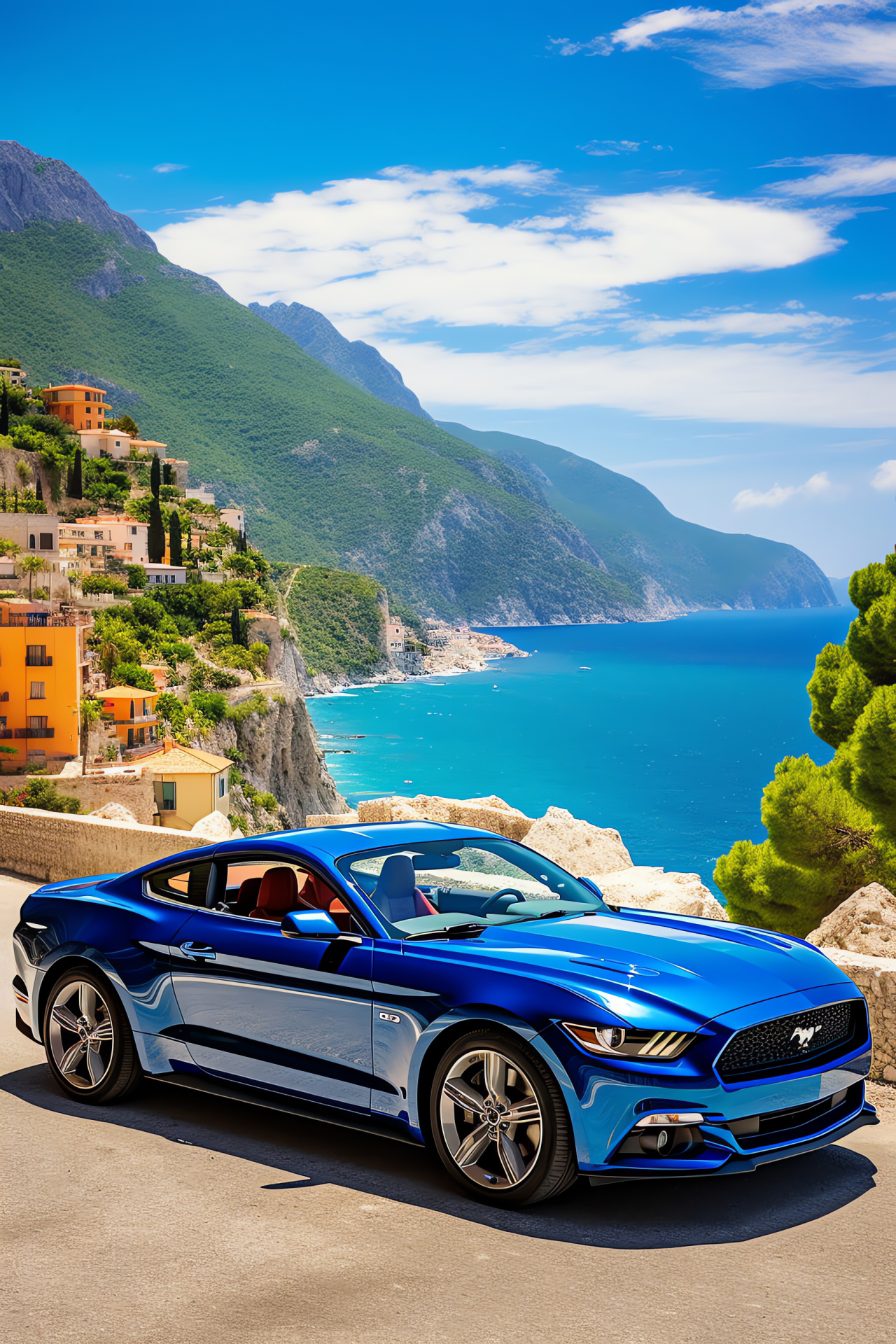Mustang HD, Amalfi Coast drive, Mediterranean coastal journey, Sapphire blue sea sights, Traditional coastal village charm, HD Phone Wallpaper