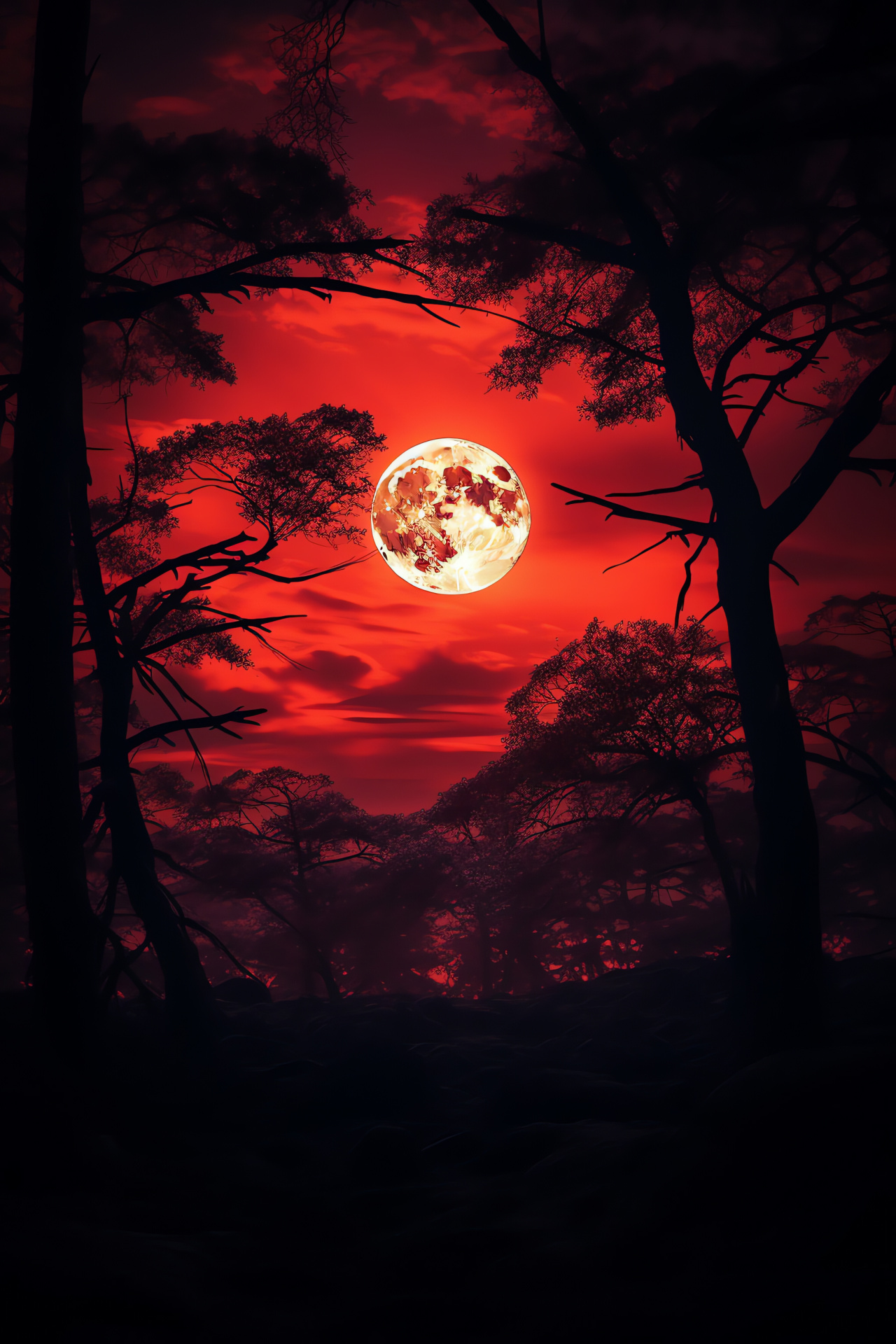 Enthralling lunar aspect, deep scarlet moon, celestial backdrop, stark astral contrast, HD Phone Image