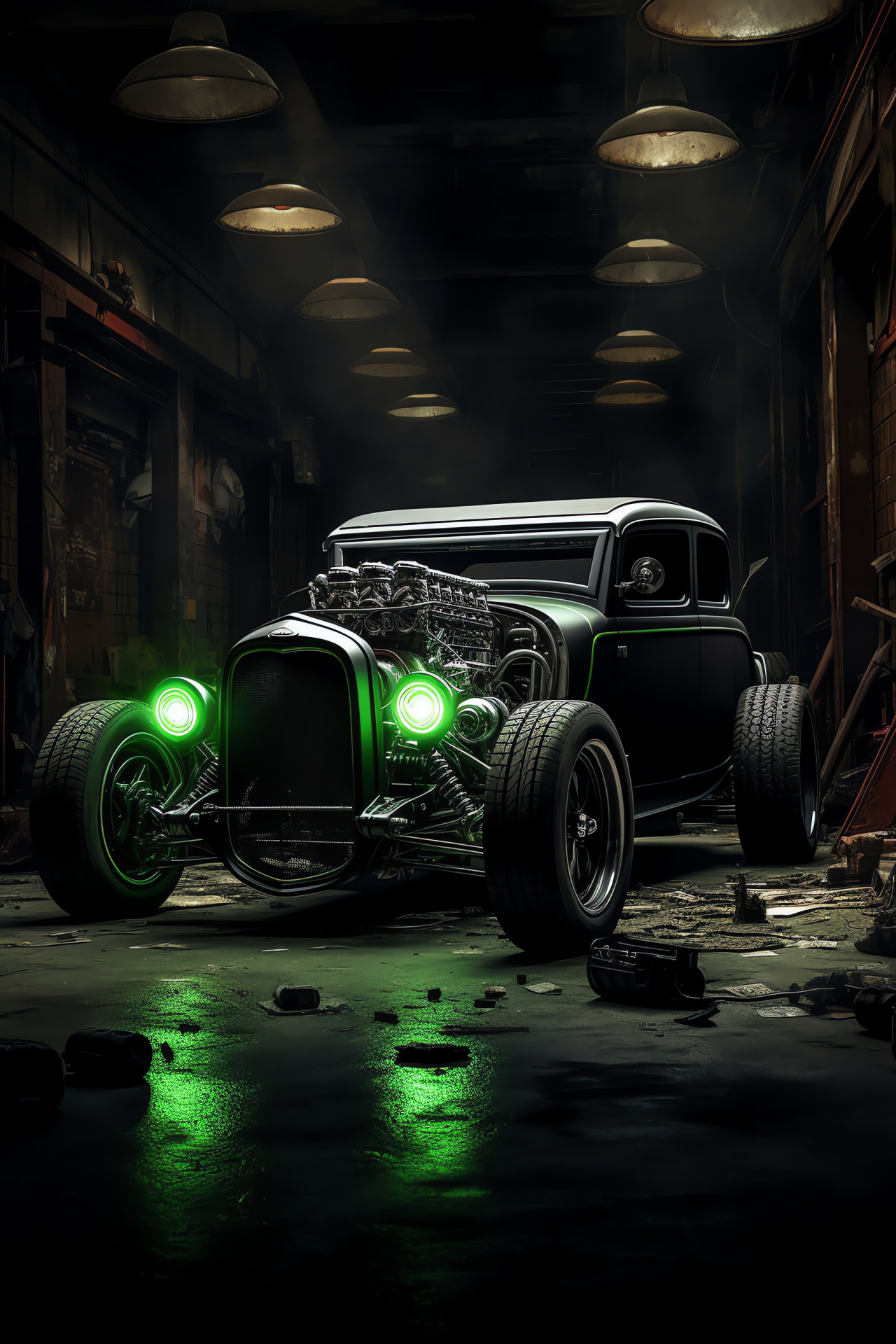 Rat Rod garage scene, Glossy green finish, Exposed machinery, Underground custom, Auto neon affair, HD Phone Image