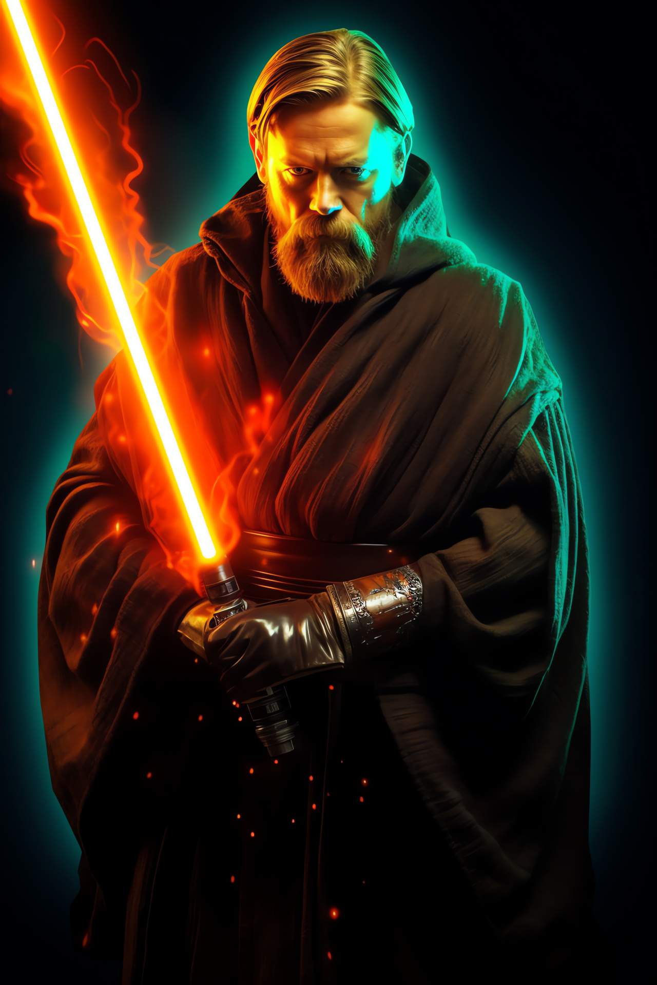 Jedi Obi Wan Kenobi, Flowing robe attire, Saber of light, Cinematic illumination, Force-filled portrayal, HD Phone Wallpaper