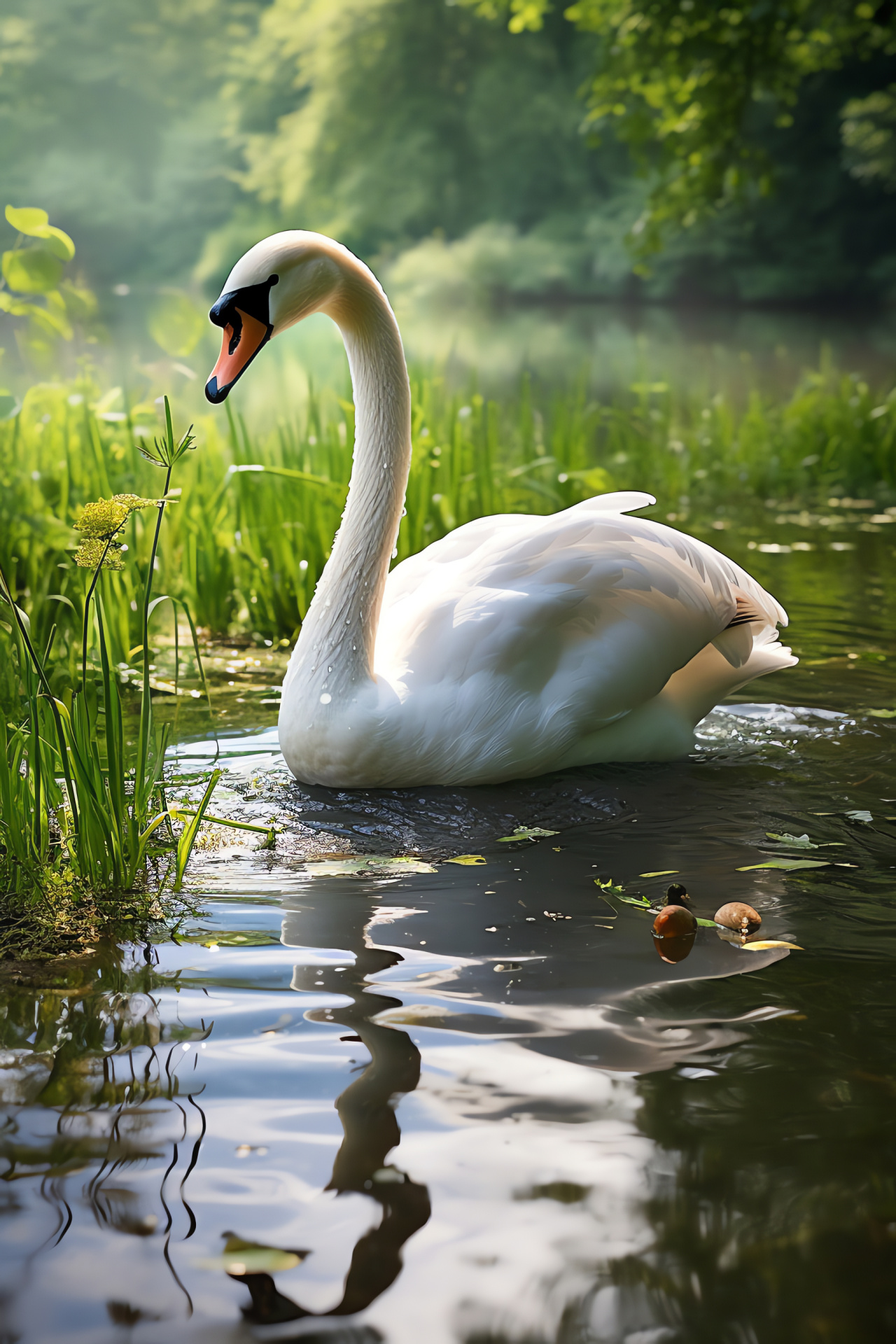 Graceful swan on water, freshwater bird, long-necked aquatic bird, webbed bird tracks, serene pond life, HD Phone Wallpaper