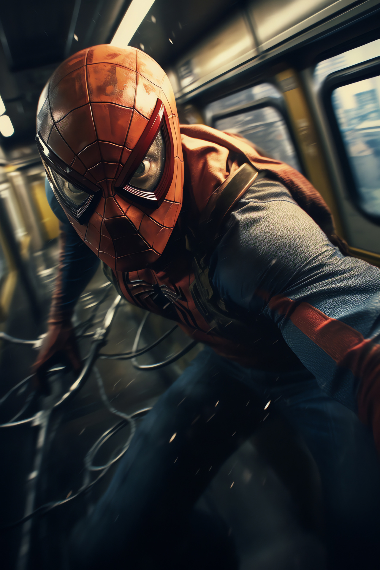 Peter Parker, Spider-Man identity, classic film, villain confrontation, metropolitan transport, HD Phone Wallpaper