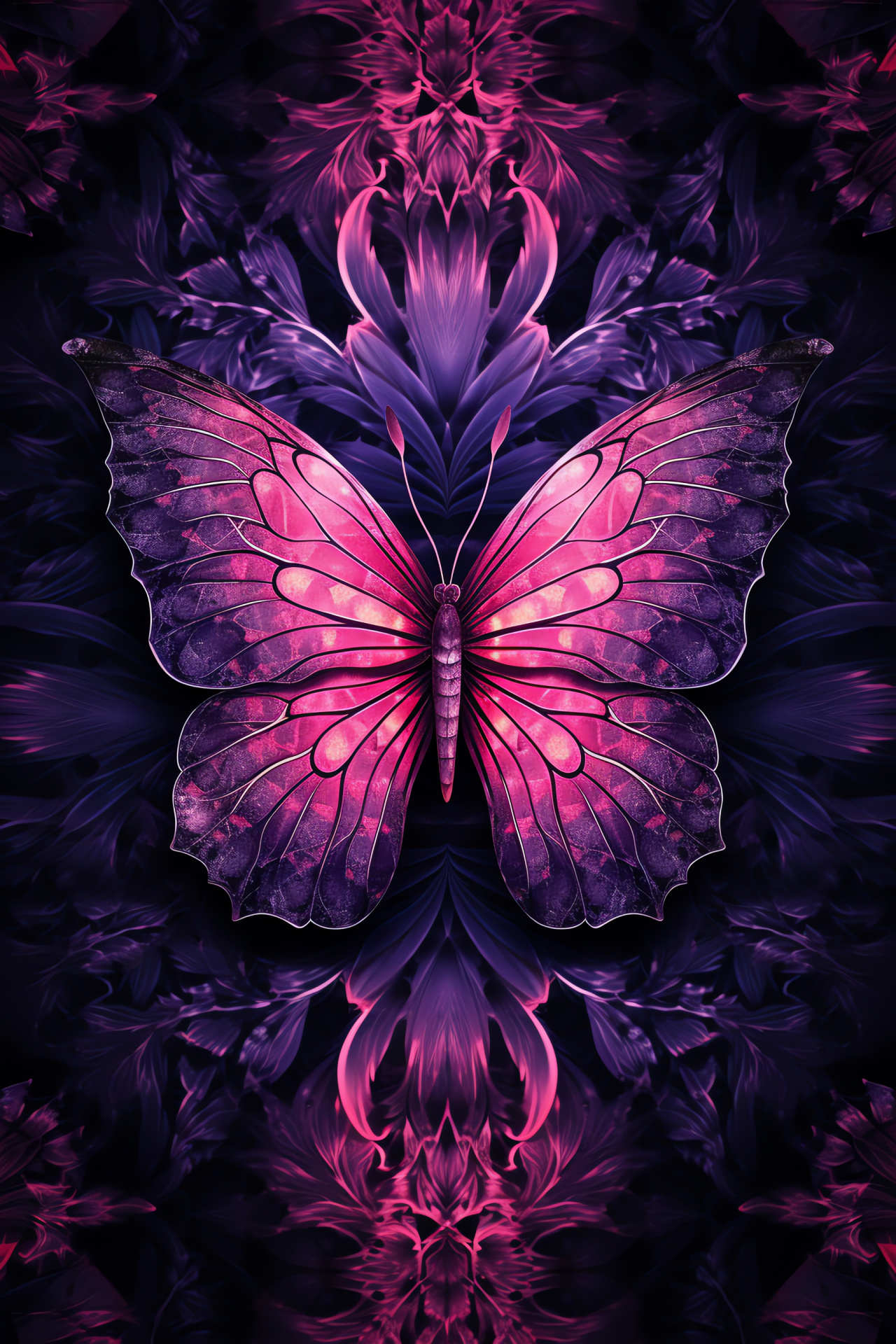 Butterfly symmetry, Geometric wing pattern, Luminous-winged flutter, Complex ornamental detail, Enthralling visual array, HD Phone Image