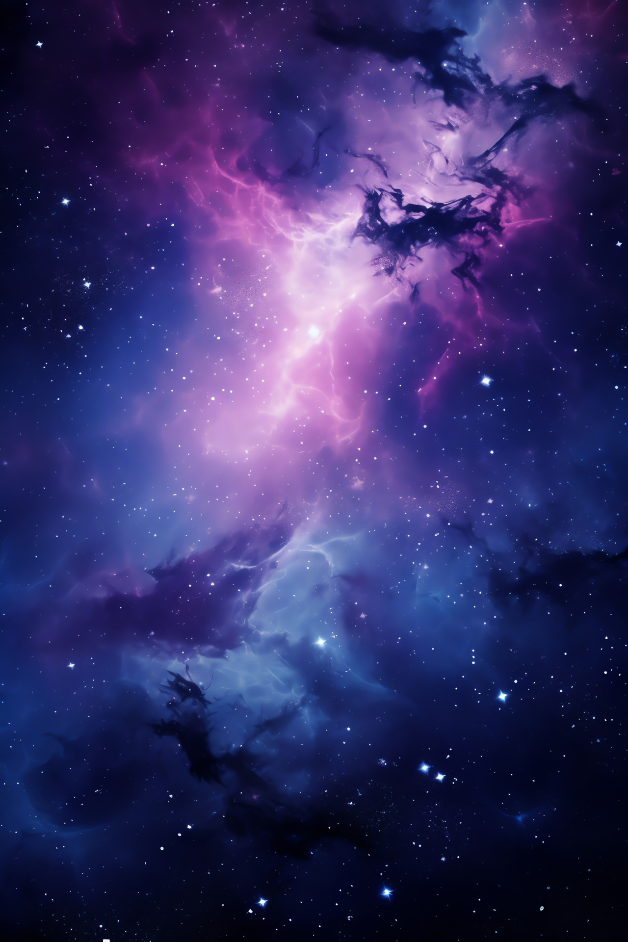 Aerial Cosmic View, Purple Stellar Expanse, Blue Space, Golden Stars, Galactic Tapestry, HD Phone Image