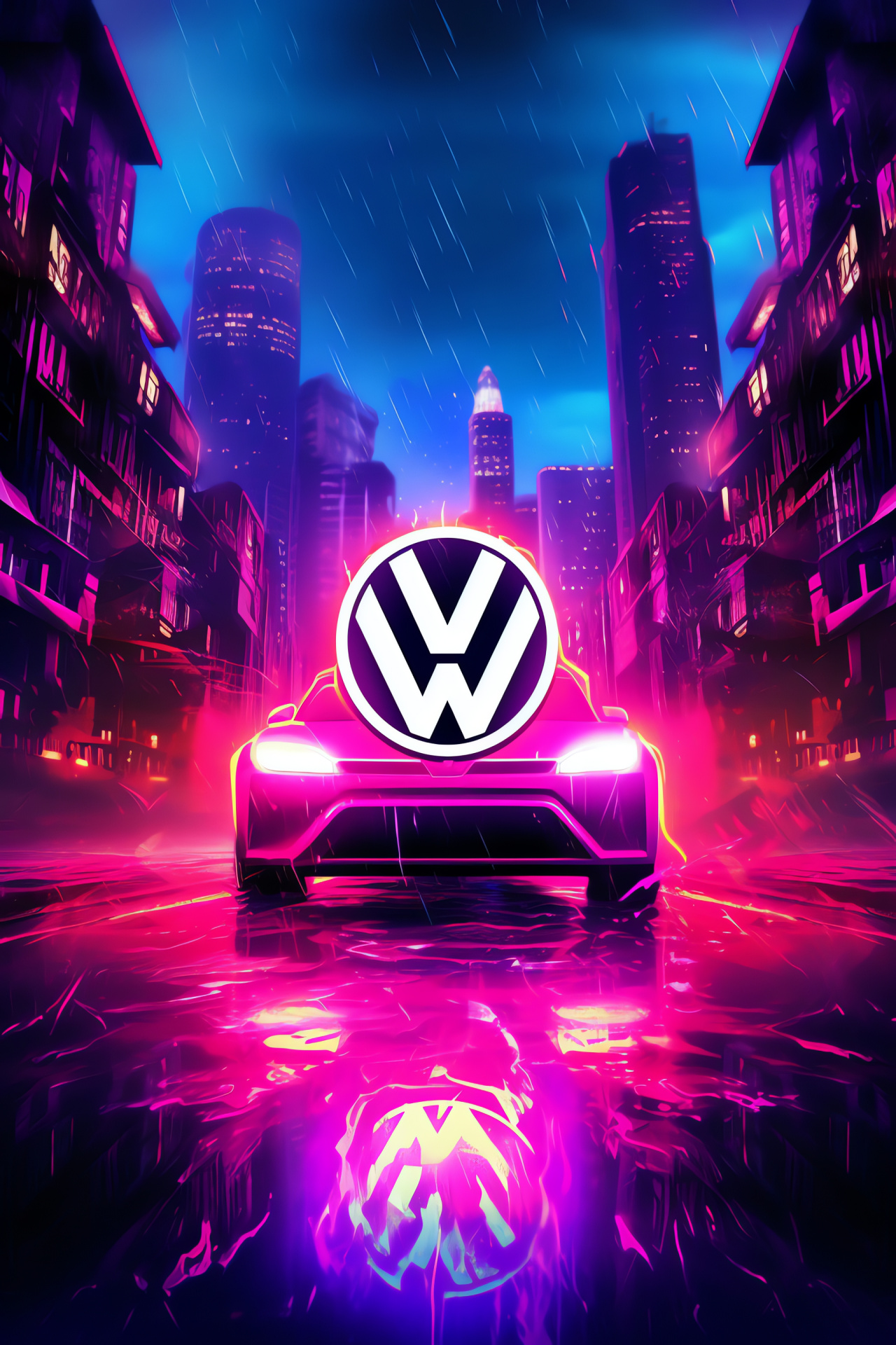 Volkswagen logo art, Cyberpunk aesthetic, Neon city elements, Car brand, Futuristic style, HD Phone Wallpaper