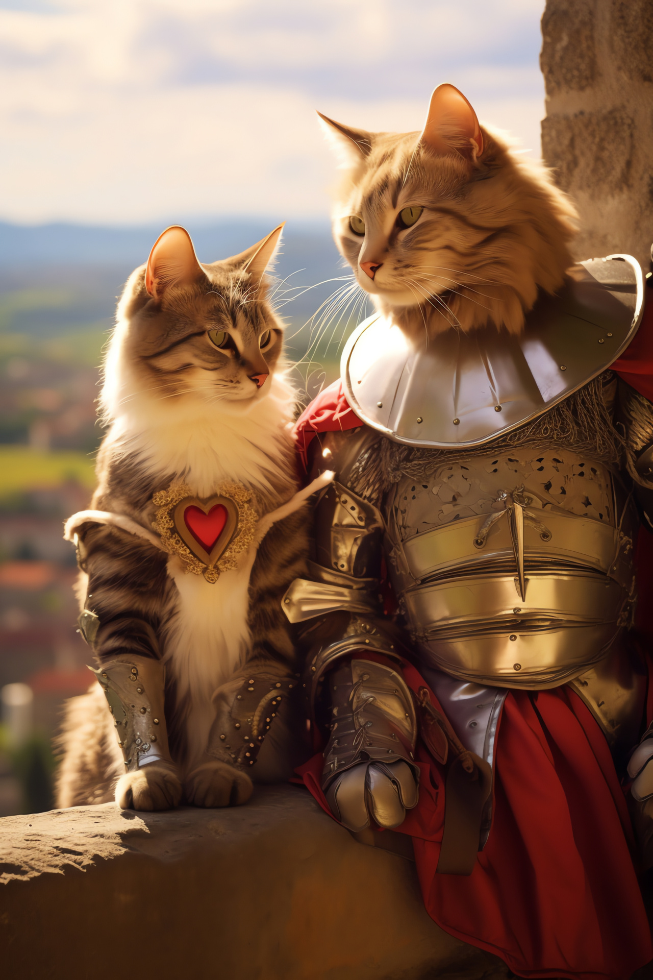 Themed feline companions, Pet cats, Medieval armor representation, Love symbolism, Decorative suits, HD Phone Image