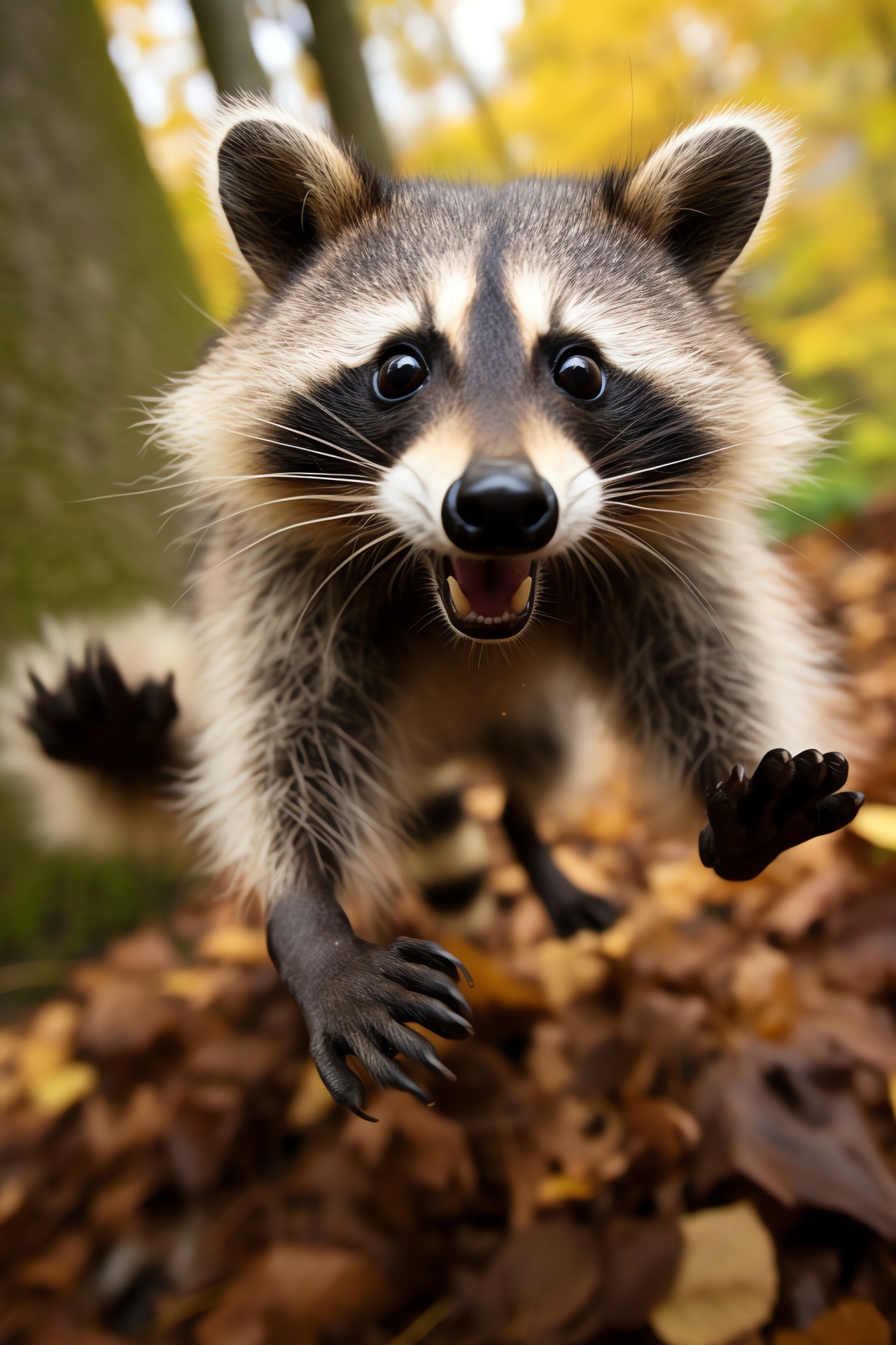 Energetic raccoon playtime, curious animal, North American wildlife, adaptable mammal, twitching whiskers, HD Phone Wallpaper