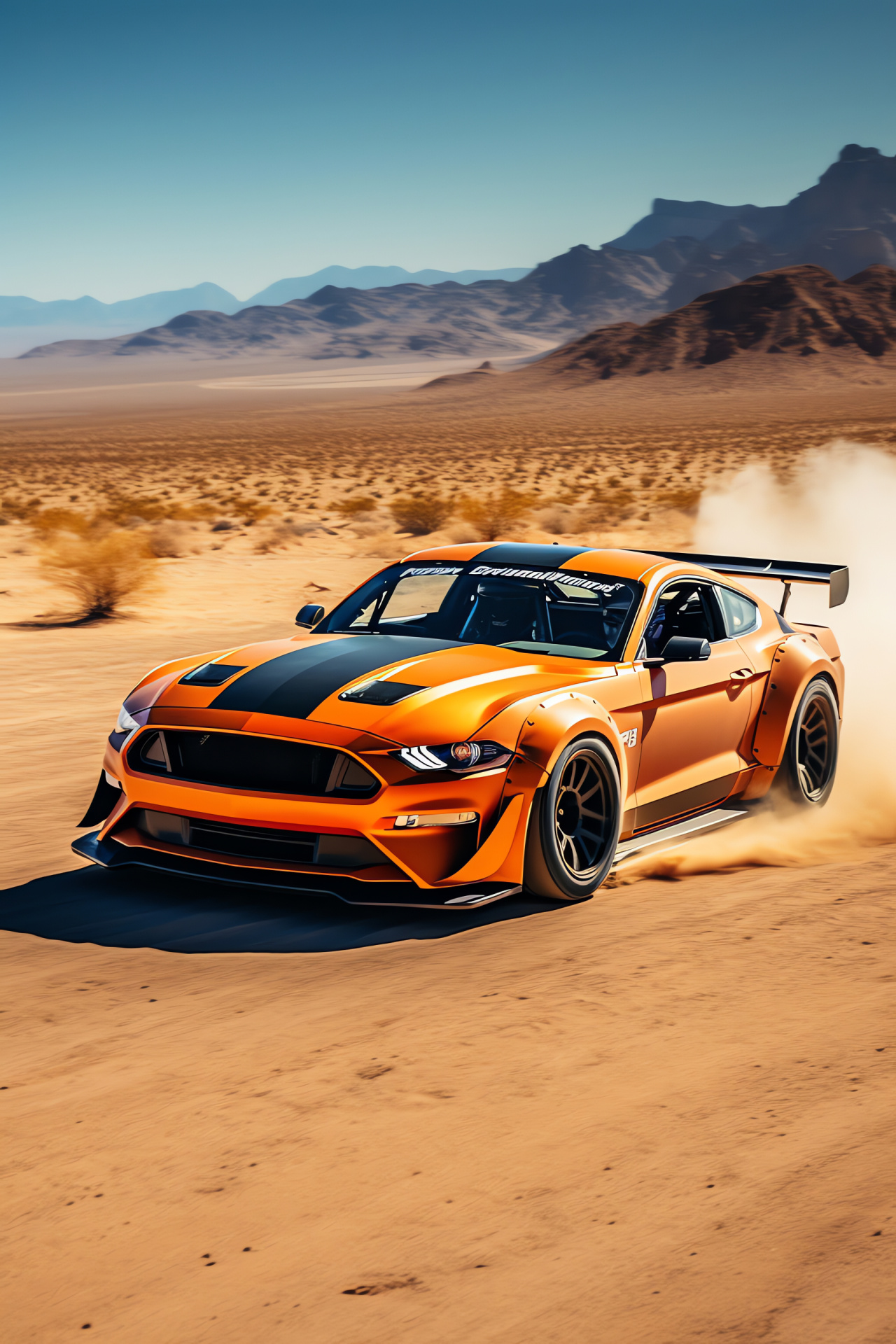 Rocket Bunny Ford Mustang, Arid desert scene, Expansive off-road view, Automobile drifting portrayal, Rugged terrain action, HD Phone Wallpaper