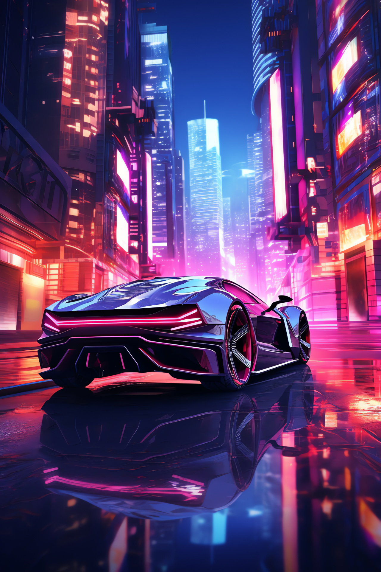 Neon car within city bounds, reflective glass structures, lofty skyline, urban night glow, advanced city scene, HD Phone Wallpaper