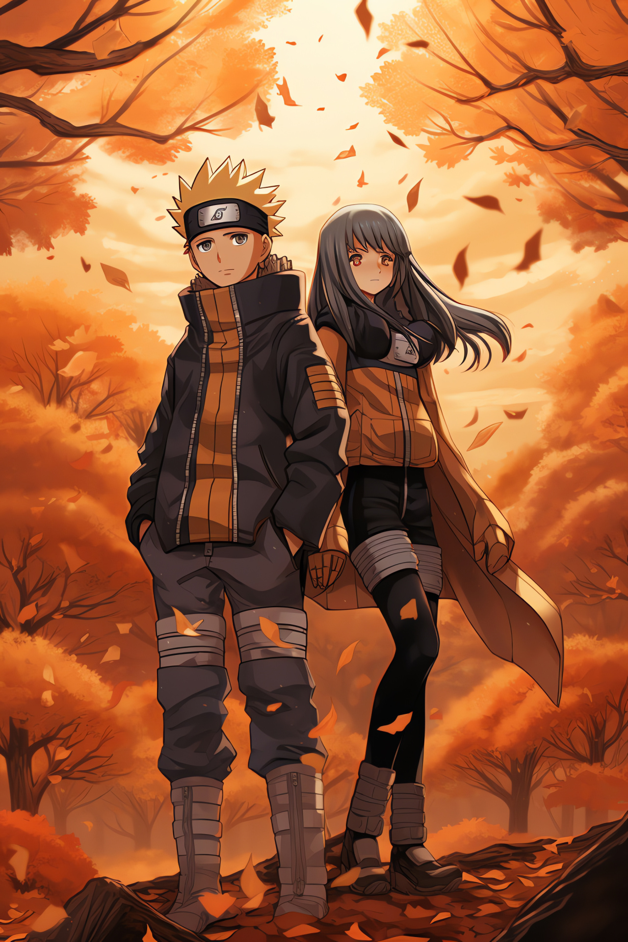 Naruto Uzumaki, Hinata Hyuga, Martial arts practice, Leaf Village, Autumn foliage, HD Phone Image