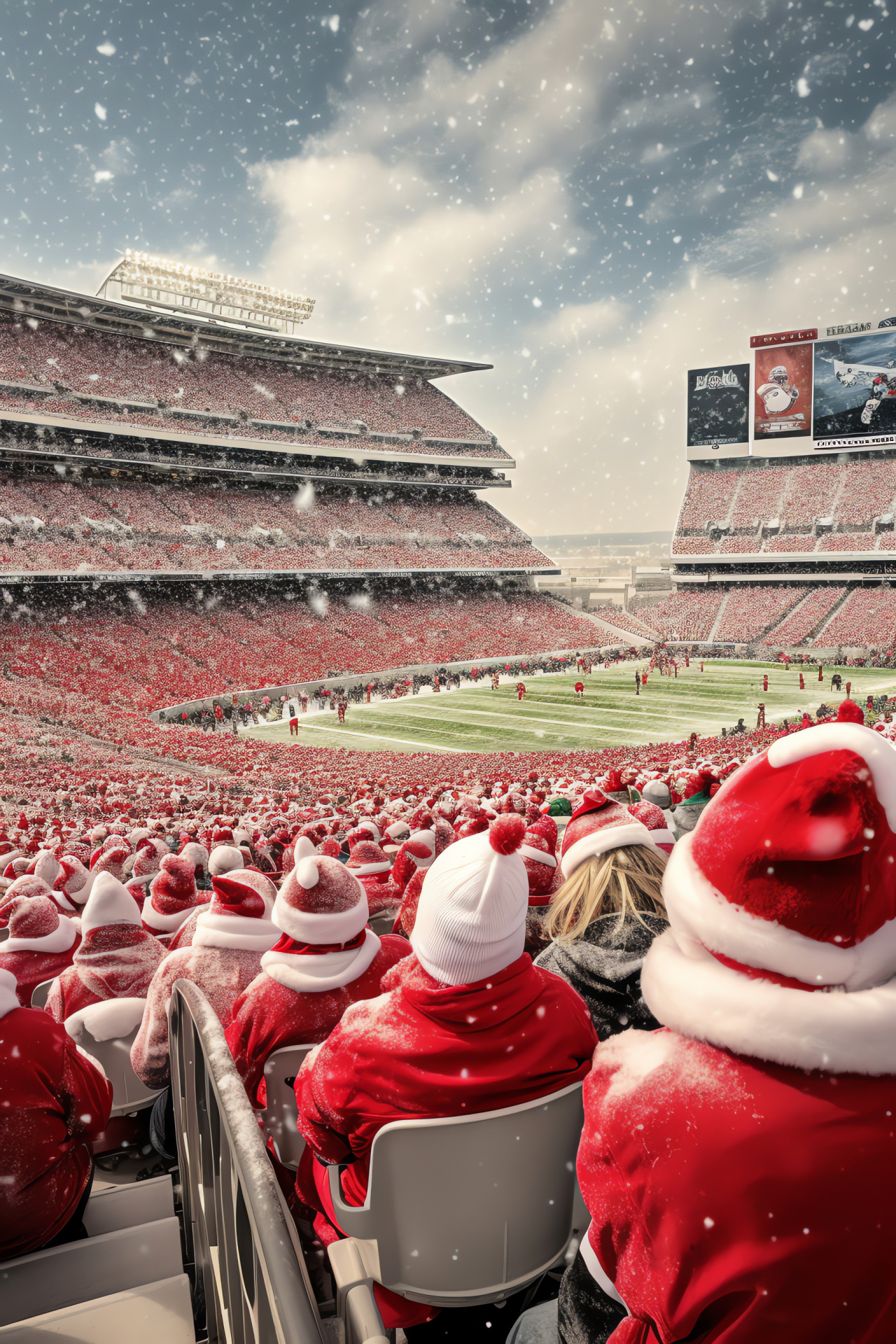 NFL holiday season, American football celebration, fans in Santa gear, snowy game day, jubilant cheer, HD Phone Wallpaper