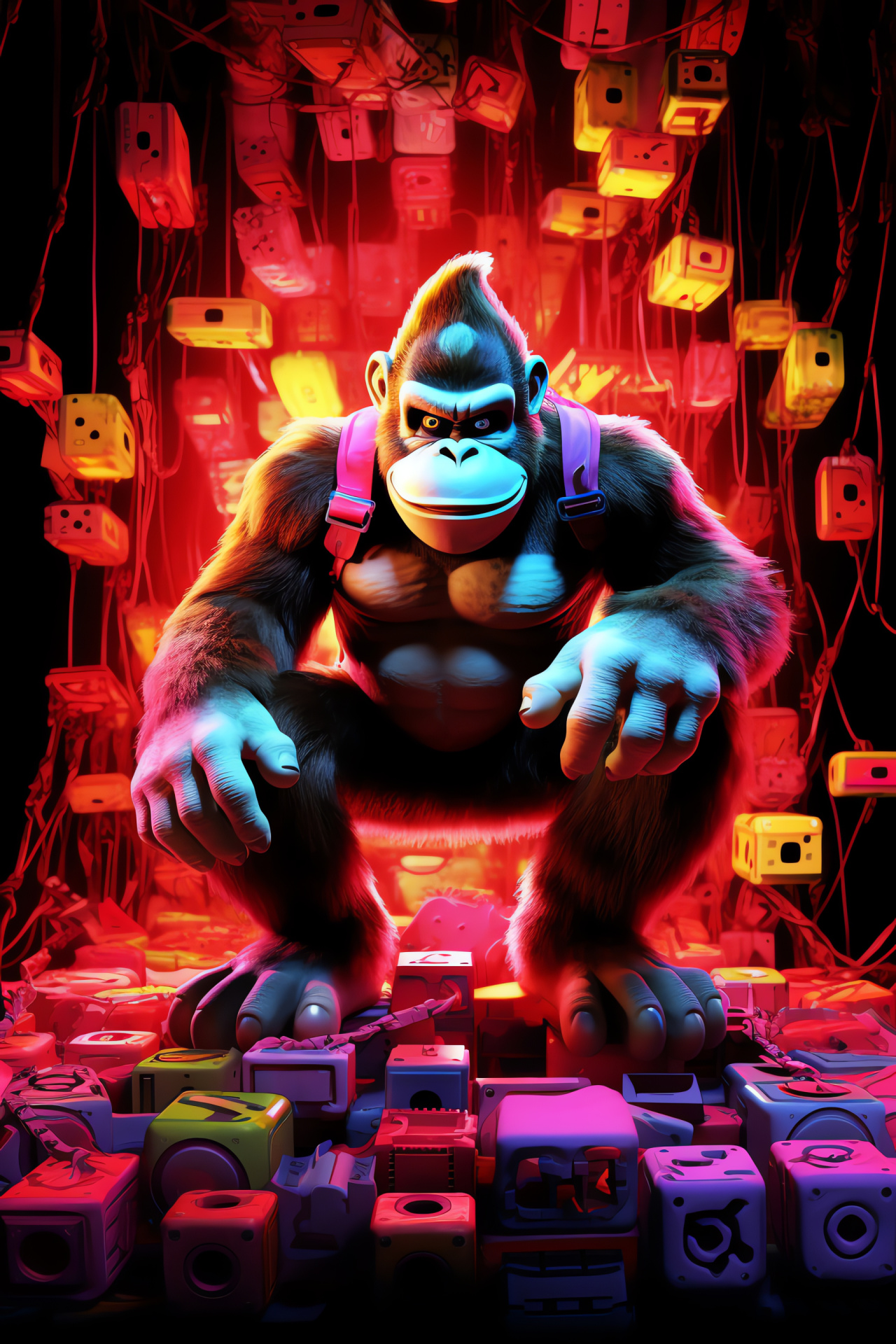 Donkey Kong N64, Robust ape framework, Friendly brown gaze, Tropical fruit bunch, Joyful character display, HD Phone Image