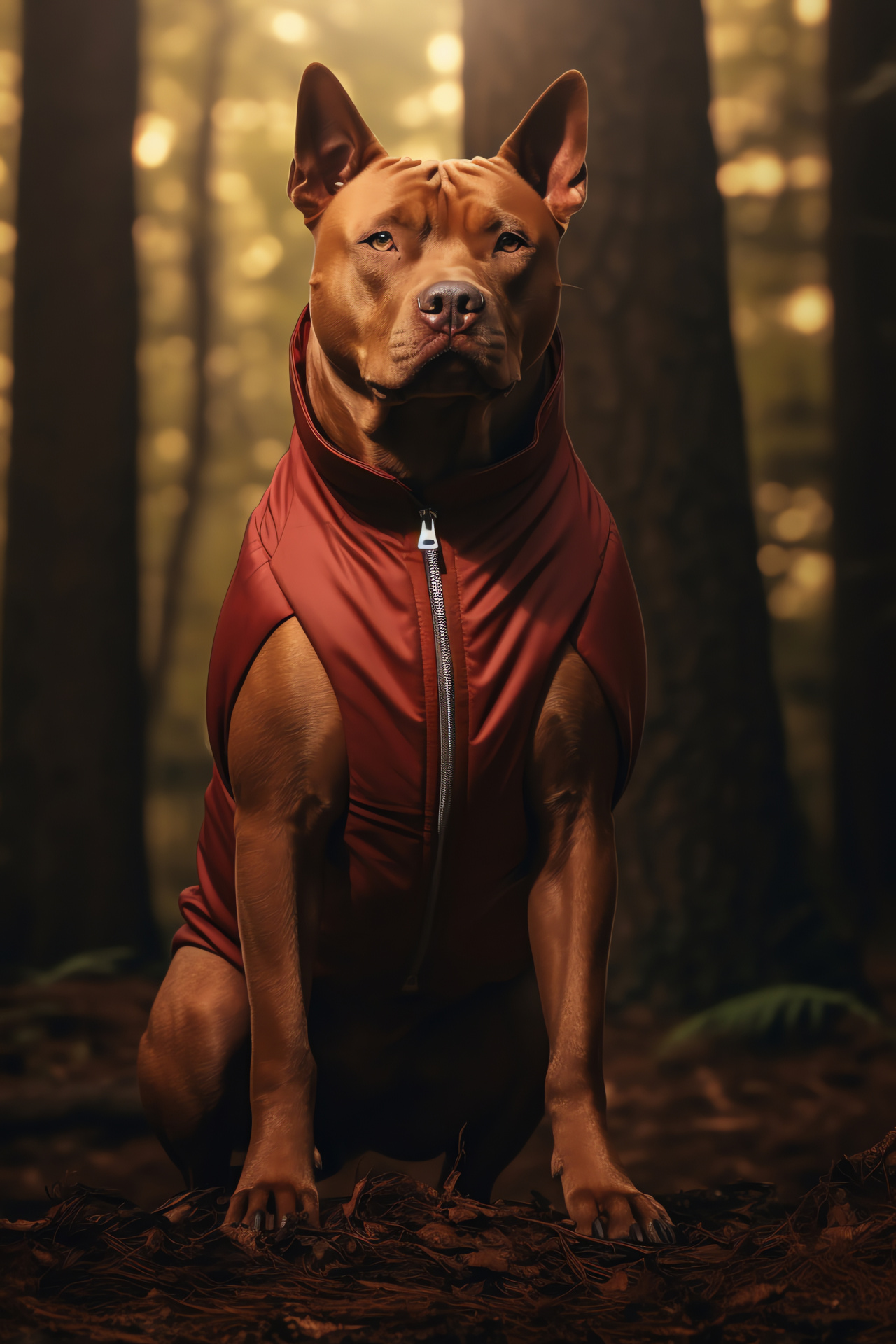 Red Nose Pitbull, lustrous copper fur, forest tranquility, vigilant poise, noble presence, regal woods landscape, HD Phone Image