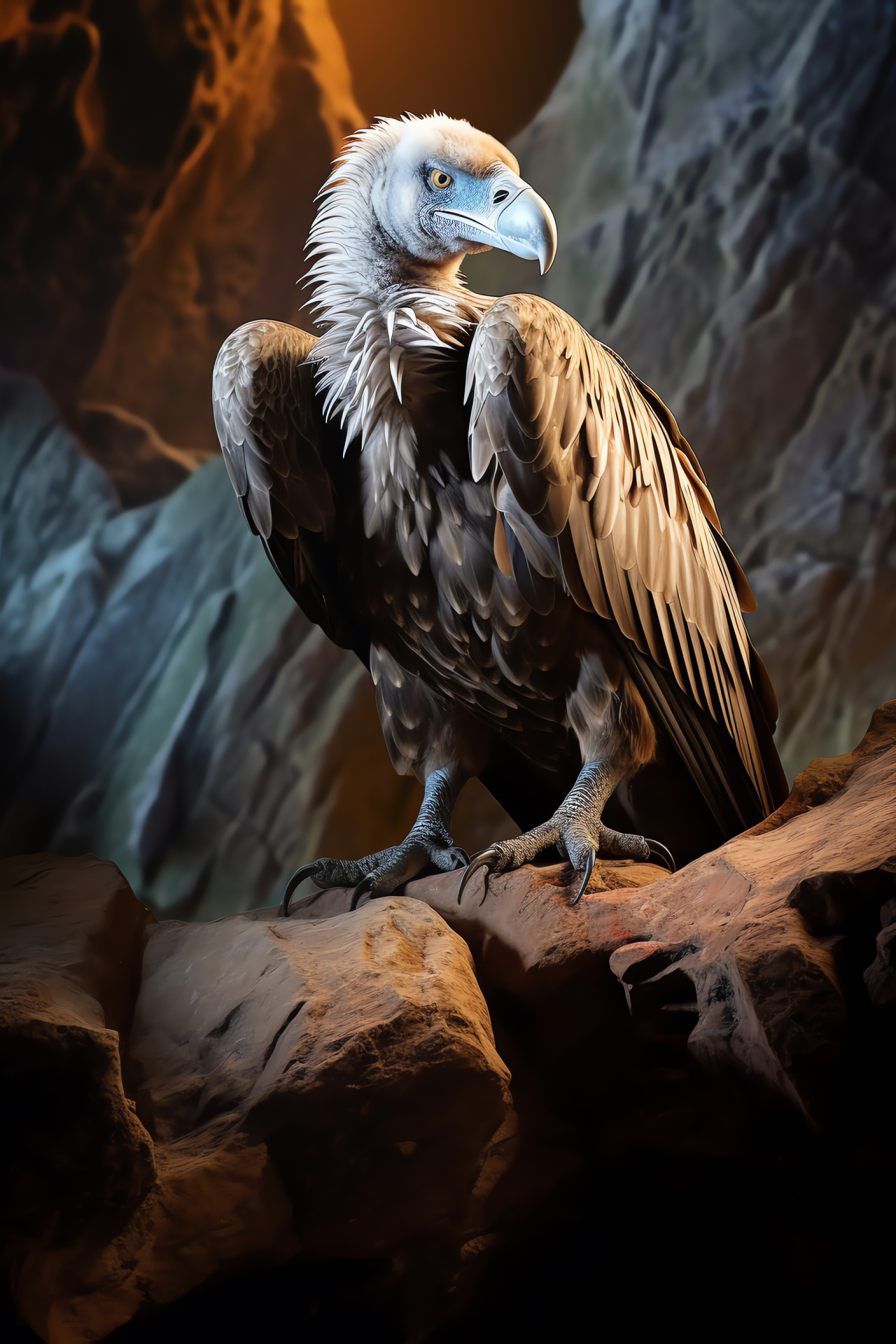 Bird scavenger, Feather combination, Raptor terrain, Backdrop linearity, Cliffside habitation, HD Phone Image