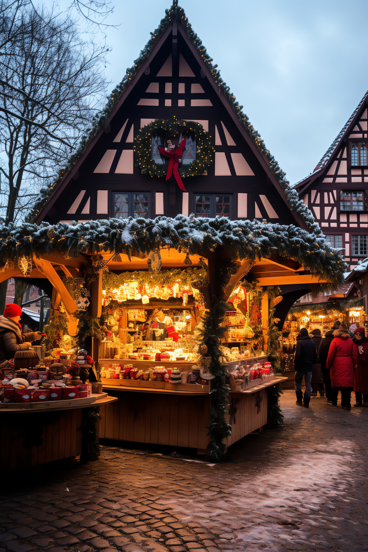 Snowy Christmas, village plaza, timbered architecture, festive garlands, glowing candles, HD Phone Image