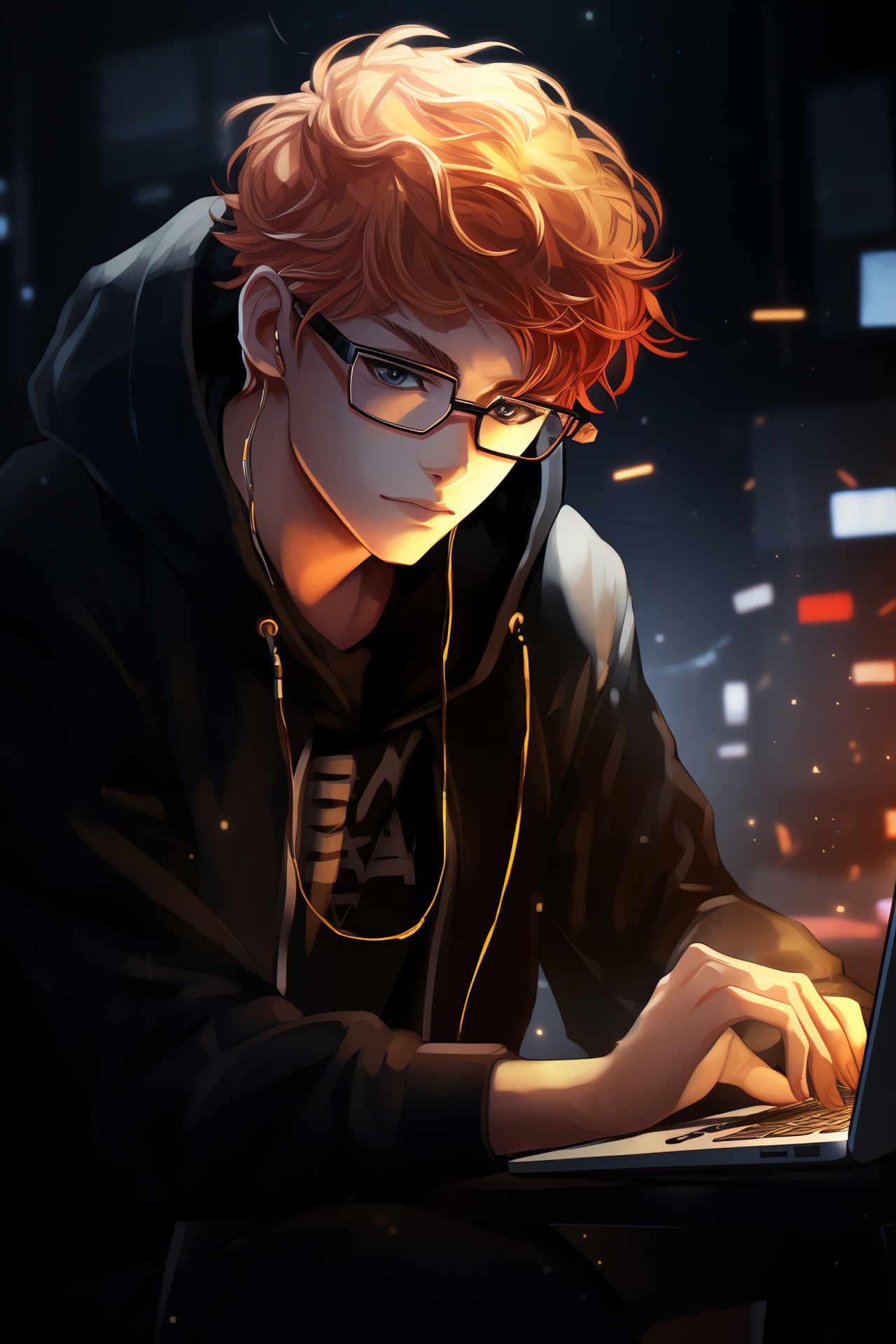 Mystic Messenger protagonist 707, Vibrant crimson hair, Distinctive eyes, Electronic gadget, Animated interface, HD Phone Image