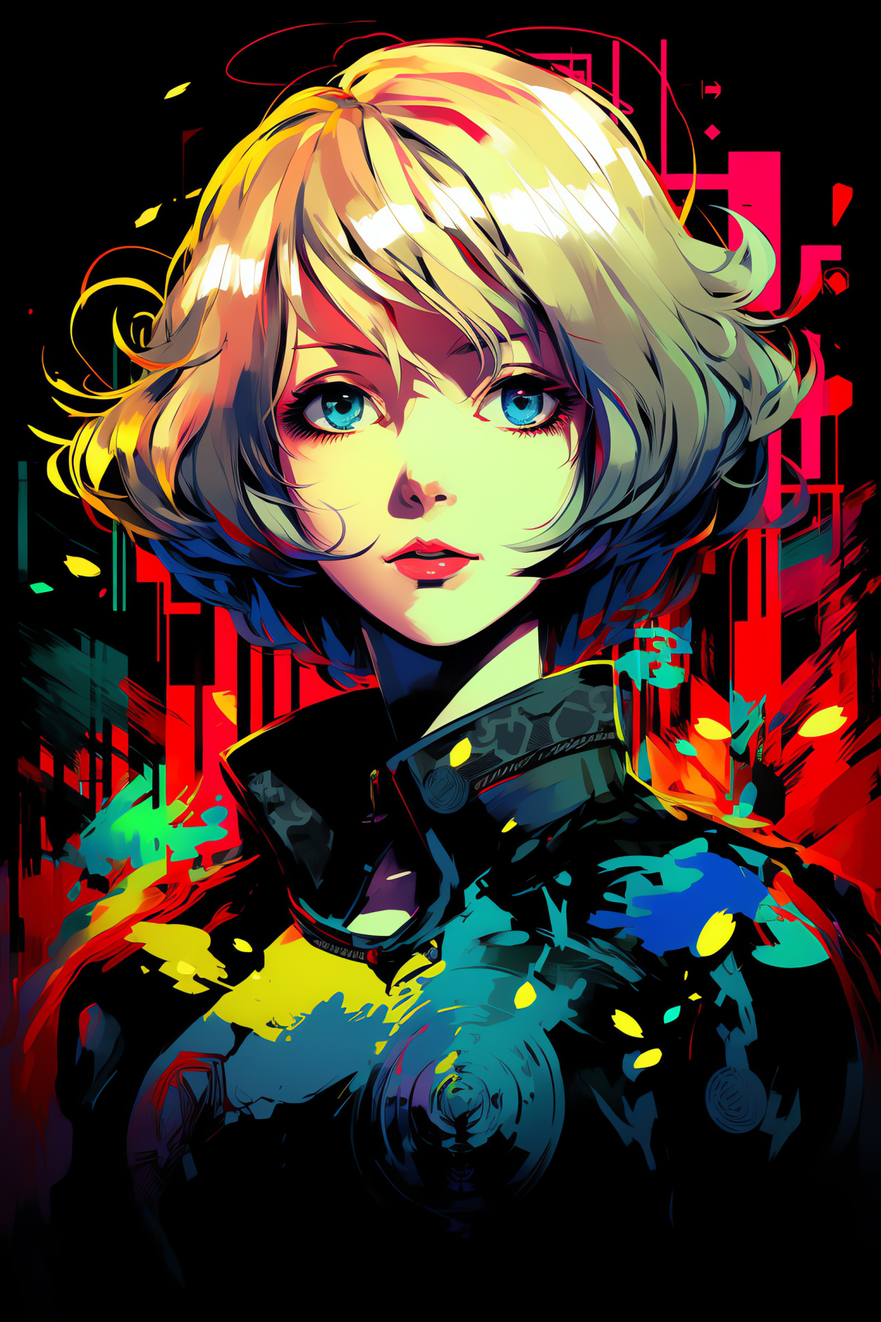 Persona 3 Aigis imagery, Neon aesthetic in setting, Illustrated digital art, Gameplay visuals, HD Phone Image