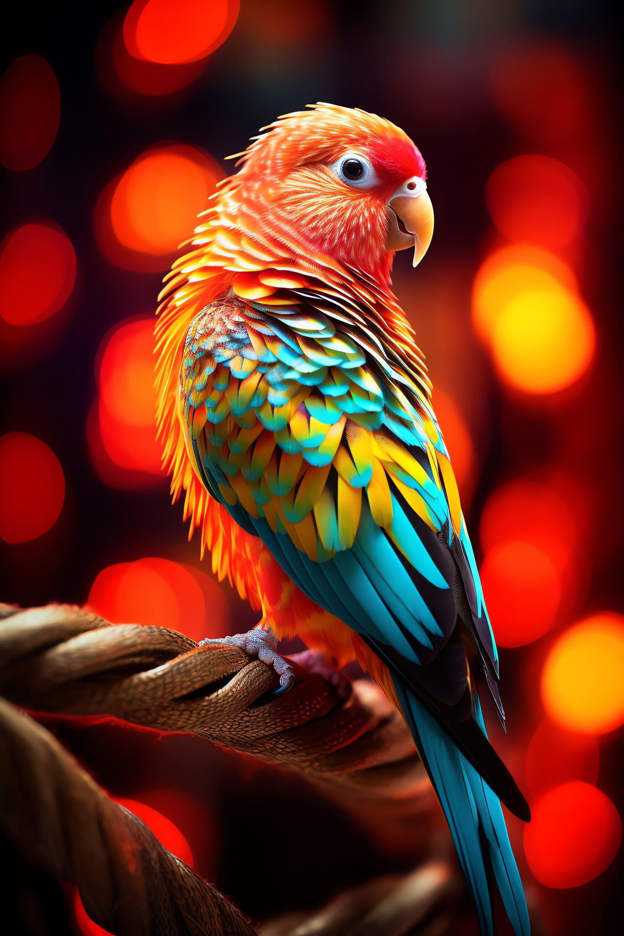 Parakeet, fiery plumage, acrylic perch, glowing illumination, swirling silhouettes, HD Phone Wallpaper