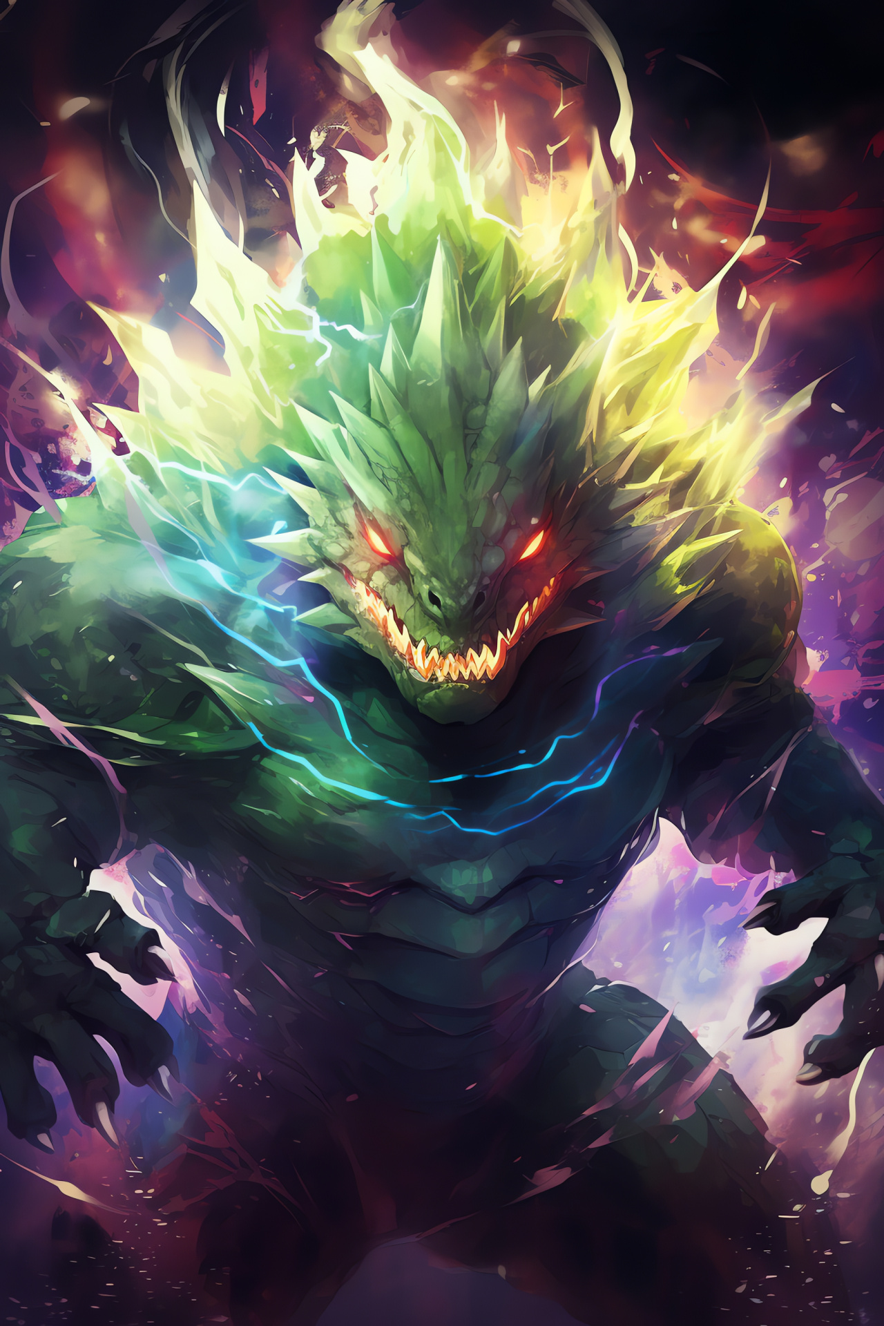 Mighty Tyranitar, Abstract energy background, Scale-covered beast, Brooding appearance, Dominating presence, HD Phone Image