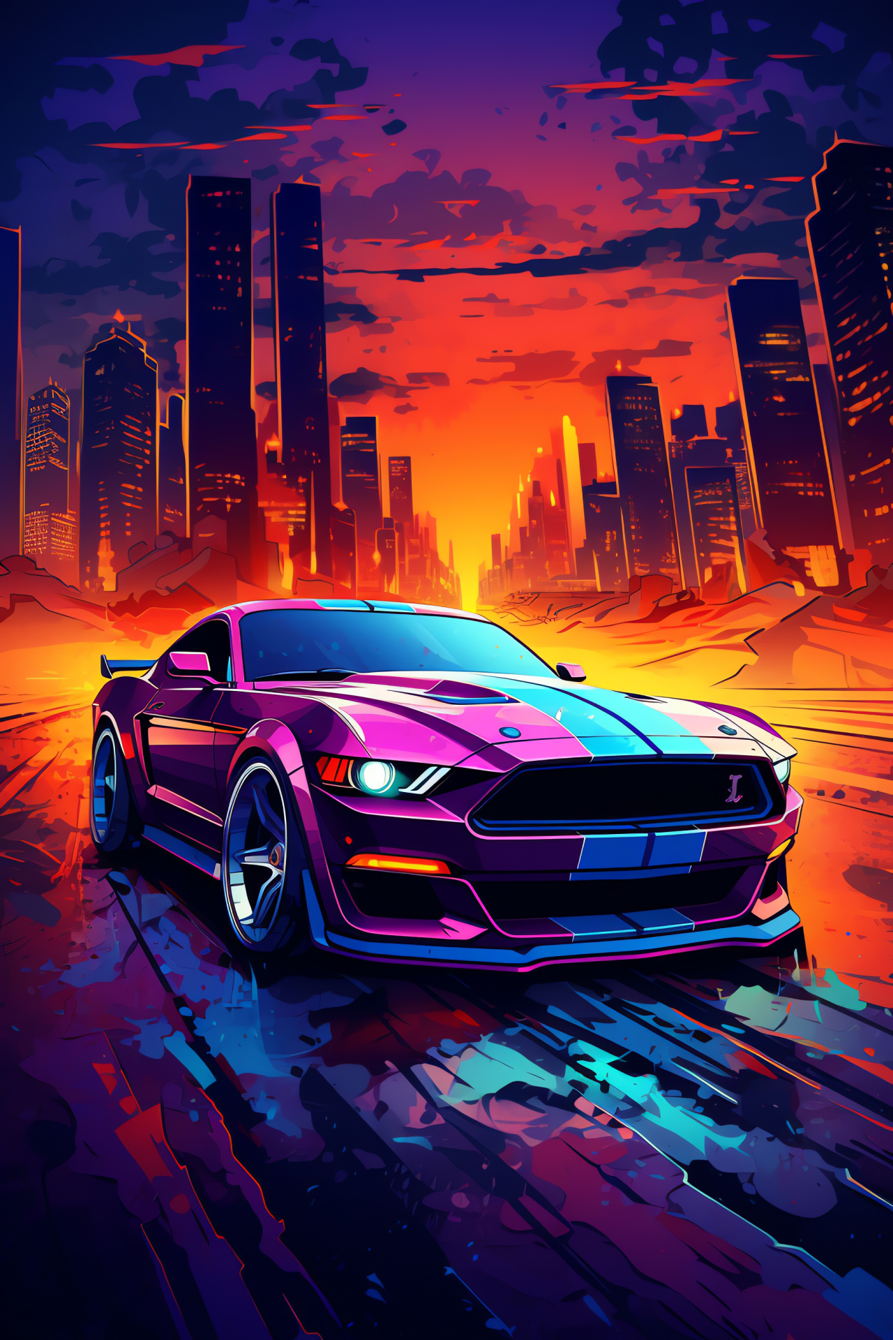 Mustang in view, Neon city reflection, Sci-fi urban layout, Lively artistic city, Sleek car foreground, HD Phone Image