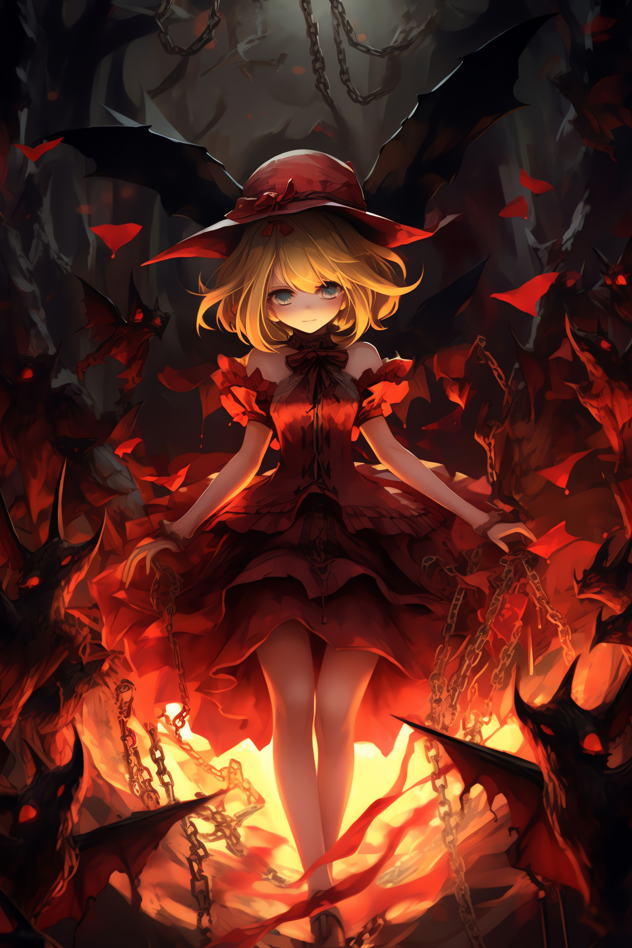 Flandre Scarlet, Sisterly vampire characters, Scarlet Devil Mansion lore, Touhou bullet hell, Danmaku gameplay, HD Phone Image