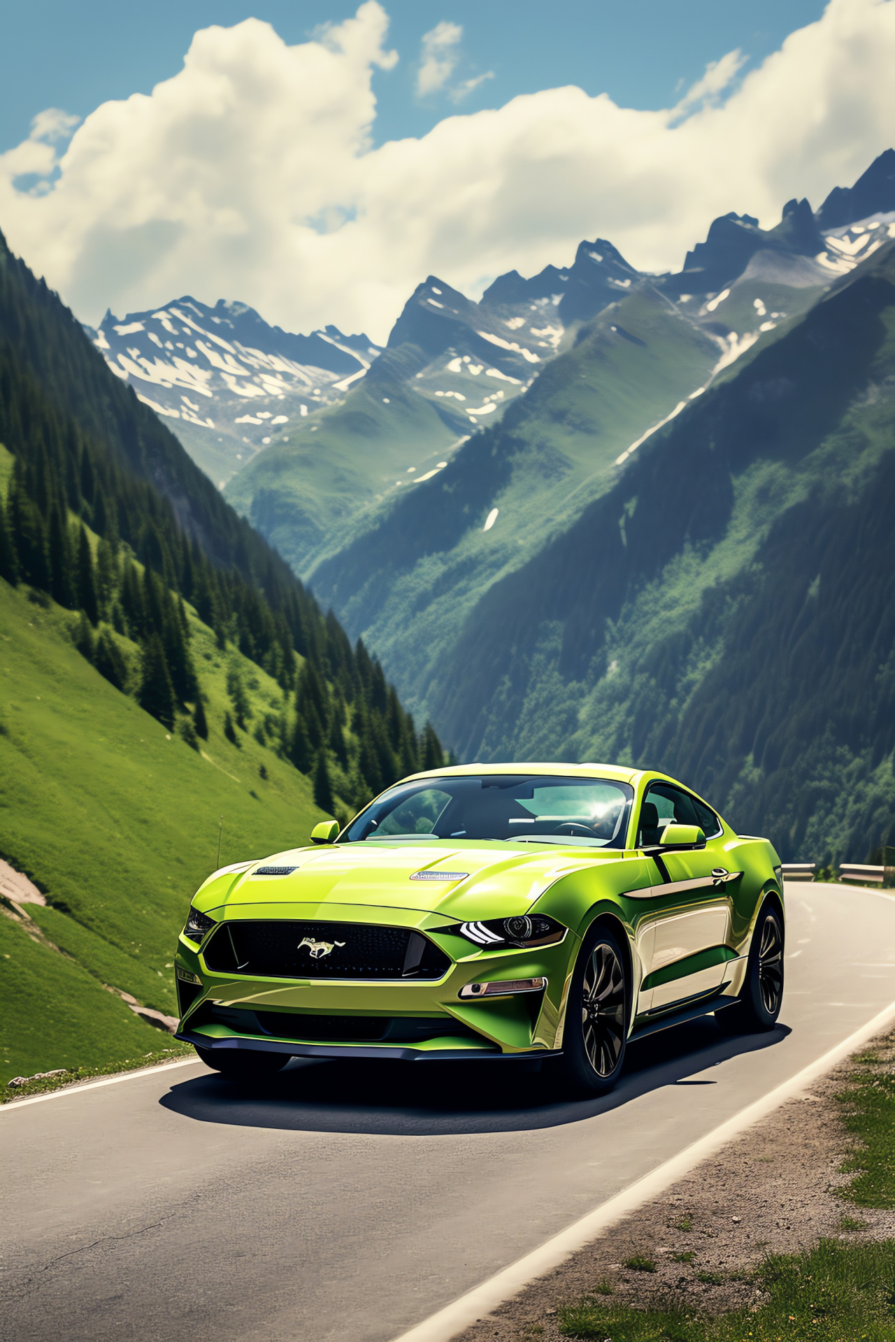 Mustang HD, Swiss Alpine driving, Challenging mountainous routes, Snow-covered Alpine peaks, Lush valley views, HD Phone Image