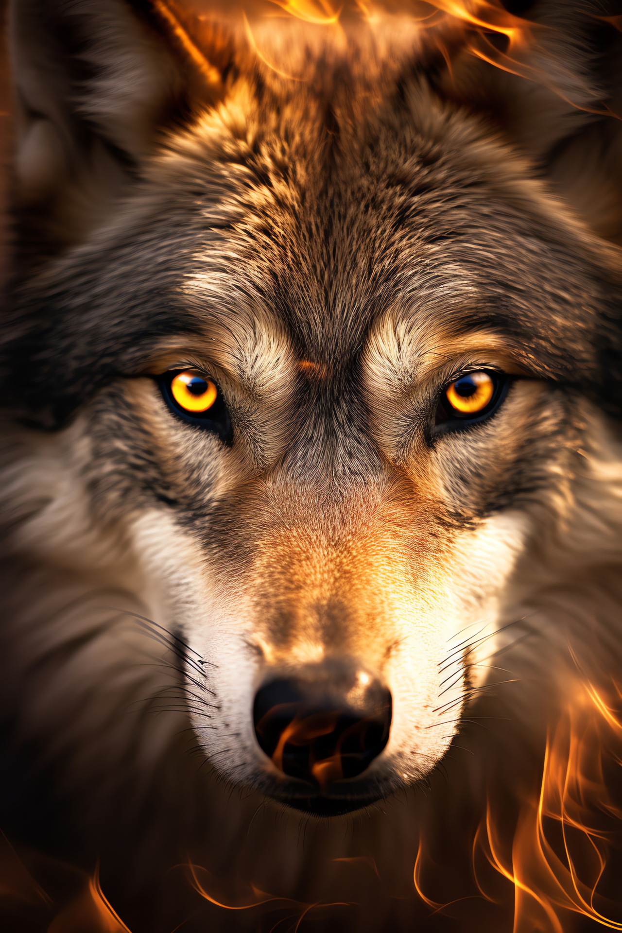 Canine visage, Amber-eyed Wolf, Earthen fur, Intense appearance, Wildlife archetype, HD Phone Image