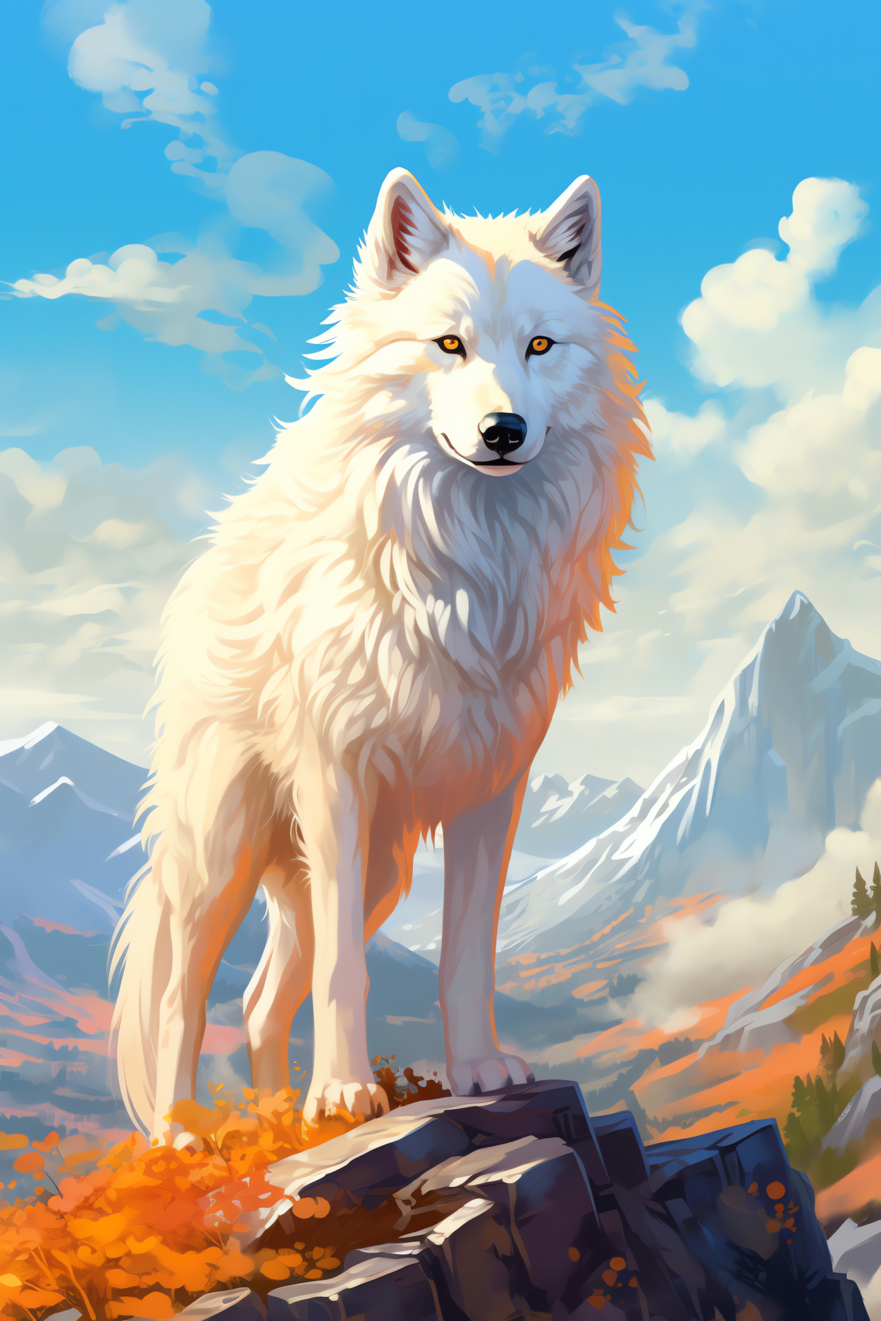 White Wolf majesty, Golden gaze, Arctic fur brilliance, Wild canine grace, Northern hunter, HD Phone Wallpaper