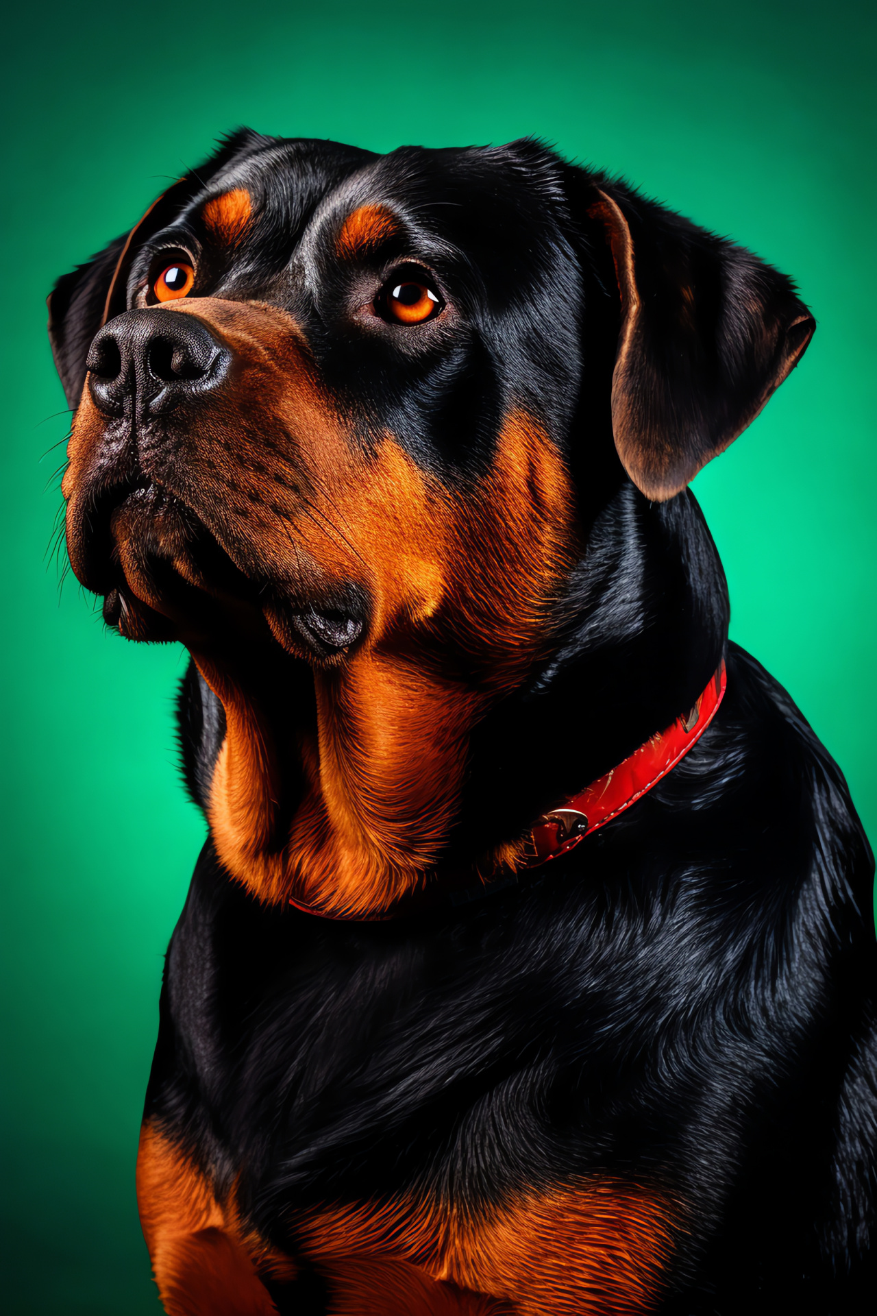 Rottweiler dog breed, Gentle wise pet, Side-view canine portrait, Captivating backdrop trio-color, Rottweiler brown warm eyes, HD Phone Wallpaper