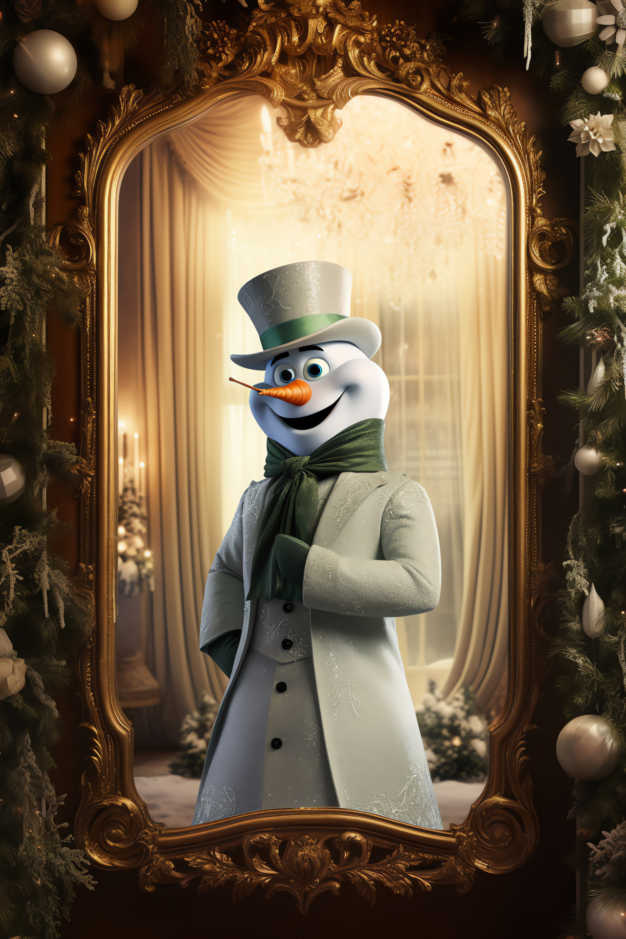 Olaf's Christmas ball attire, Arendelle's festive gala, Elegantly adorned ballroom, Guests in holiday finery, Joyous celebration, HD Phone Image