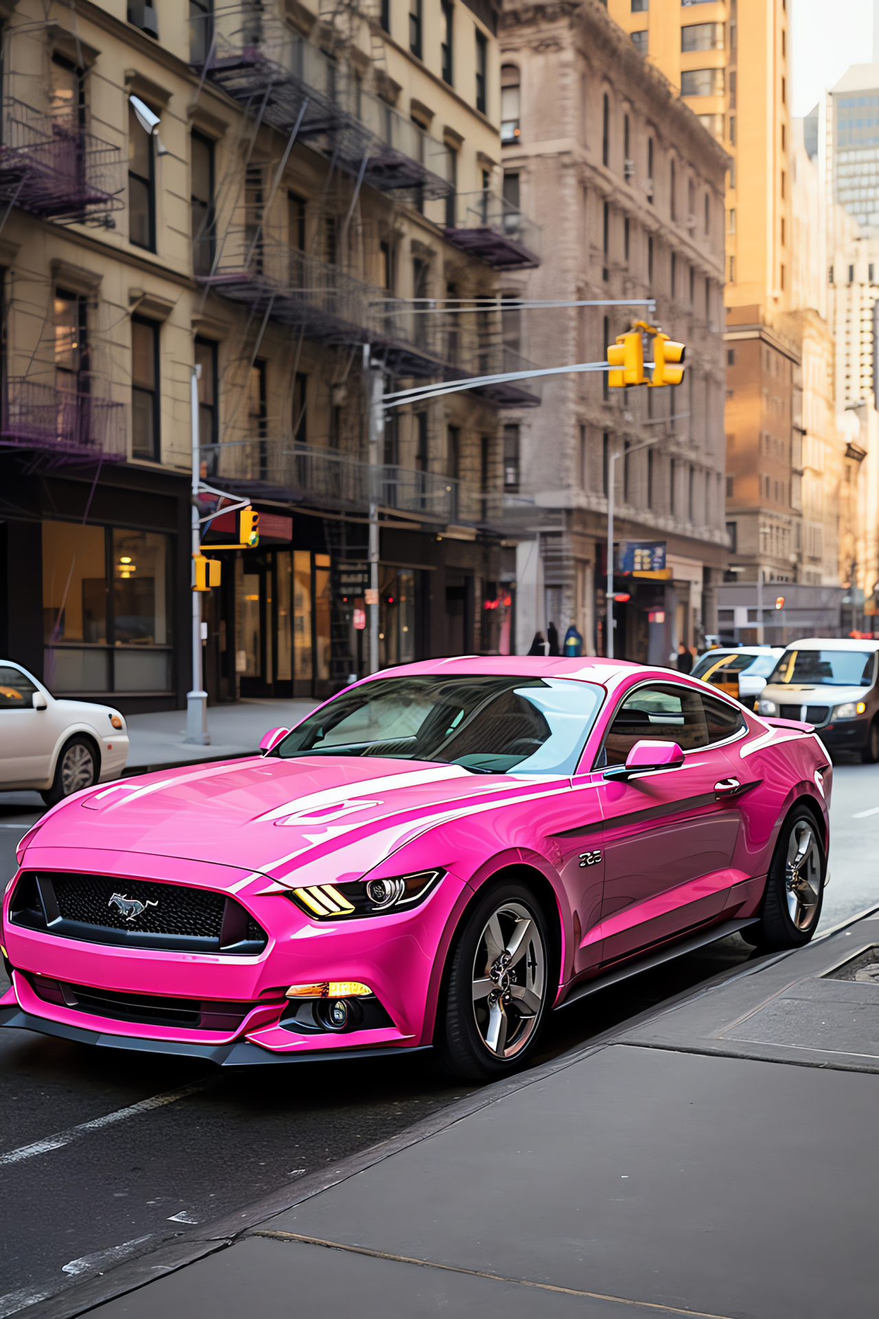 Ford Mustang GT in fuchsia, NYC urban life, American muscle legend, Bustling street scene, Iconic yellow cabs, HD Phone Wallpaper