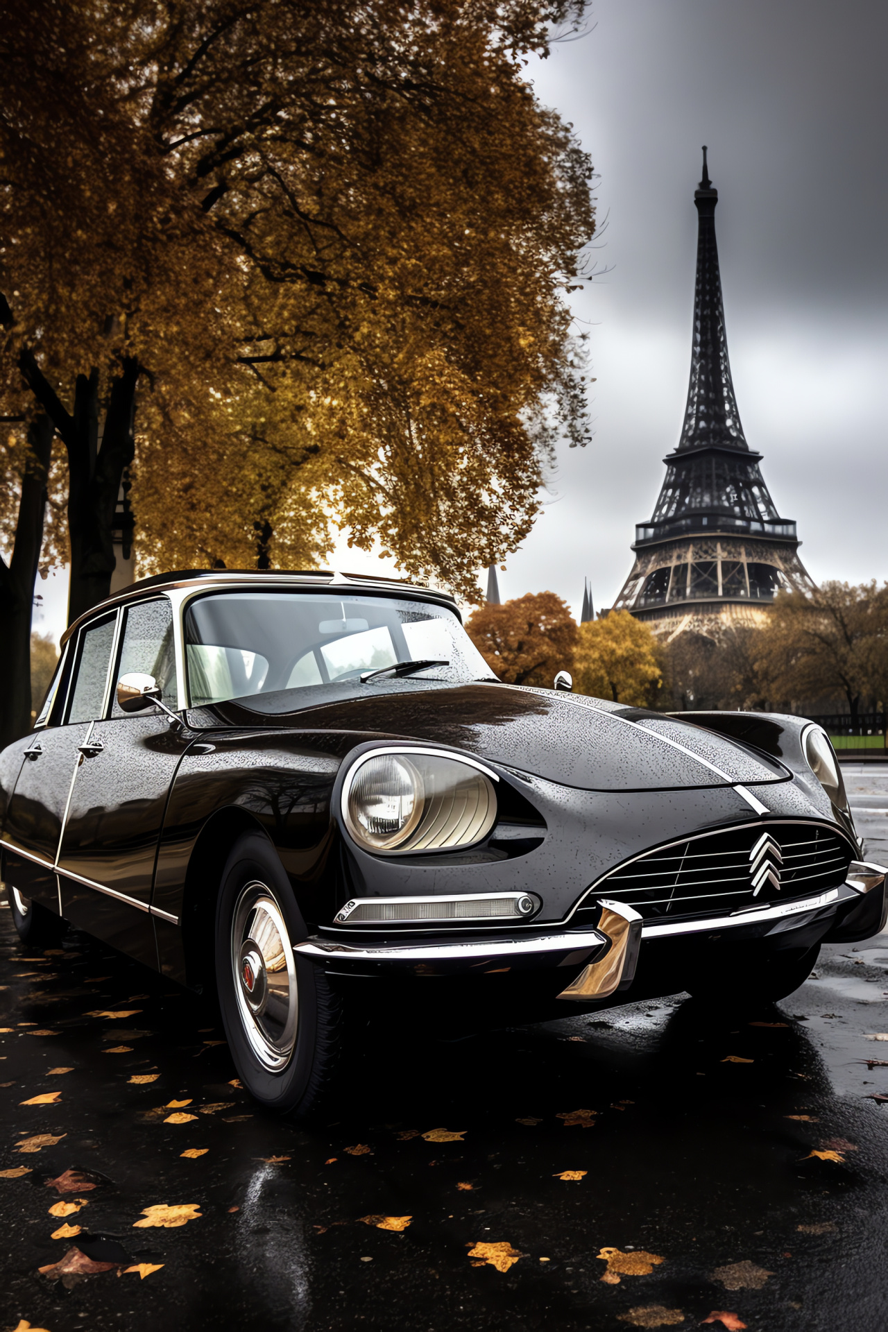 Vintage Citron DS, French classic car, Parisian car elegance, Black Citron model, Eiffel Tower vicinity, HD Phone Wallpaper