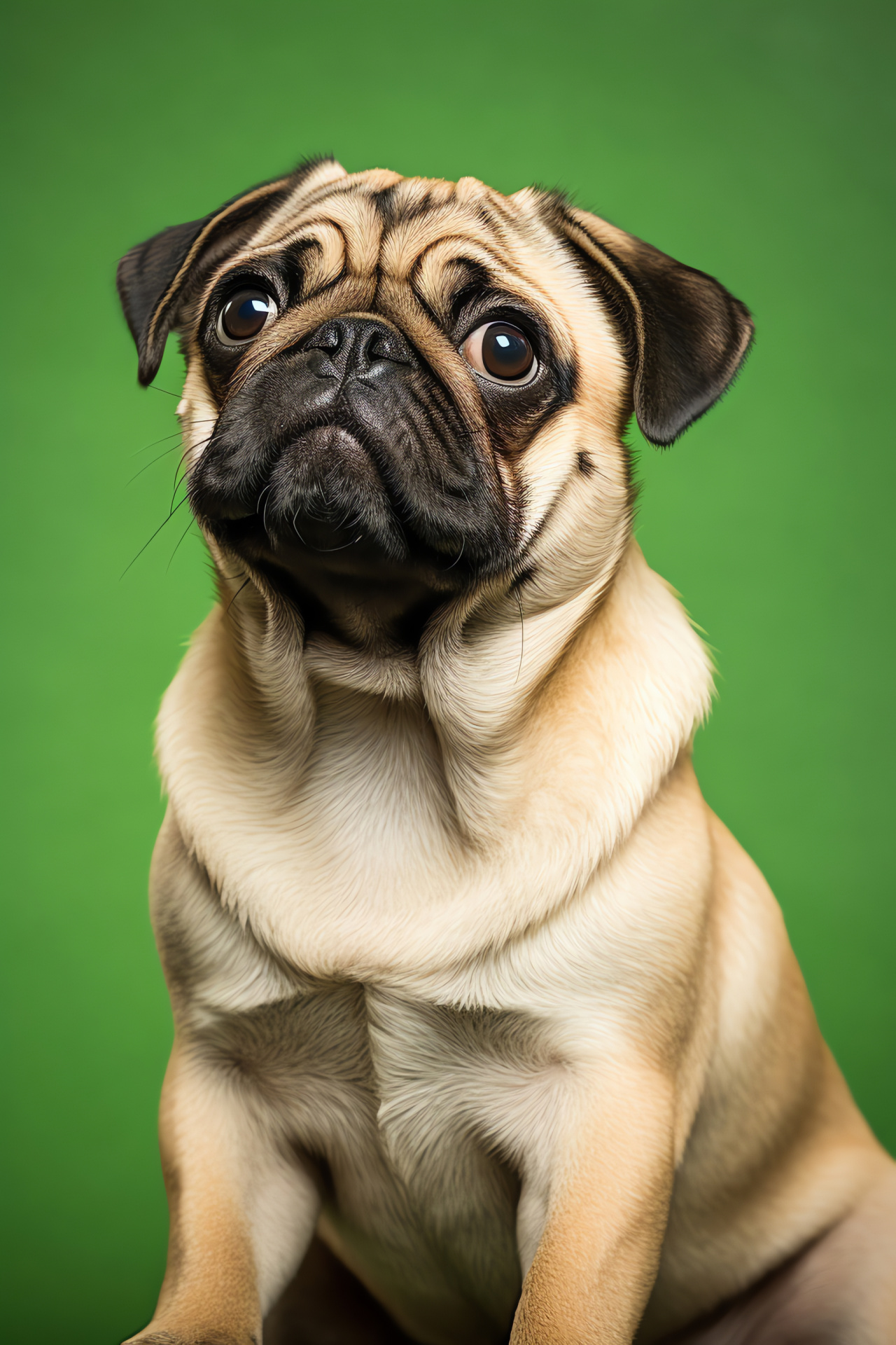 Pug dog, wrinkled expression, green background, fawn coat, thoughtful canine, HD Phone Image