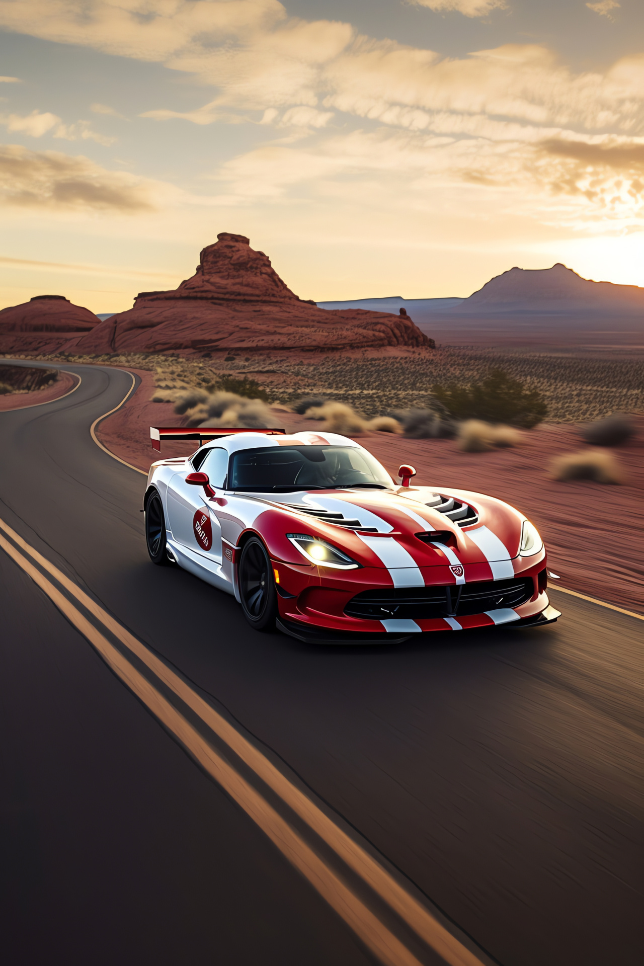 SRT Viper ACR-X, Iconic Route 66, Motorsport aesthetics, American sports car, Arid desert setting, HD Phone Wallpaper