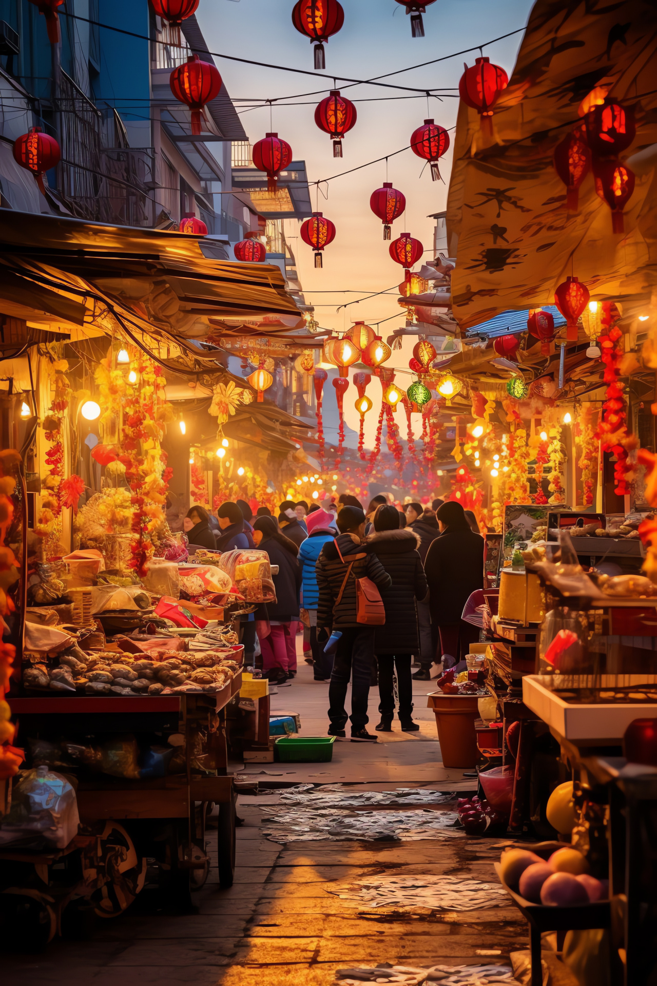 Festive bazaar, holiday charms, celebratory lanterns, local delicacies, community gatherings, HD Phone Image