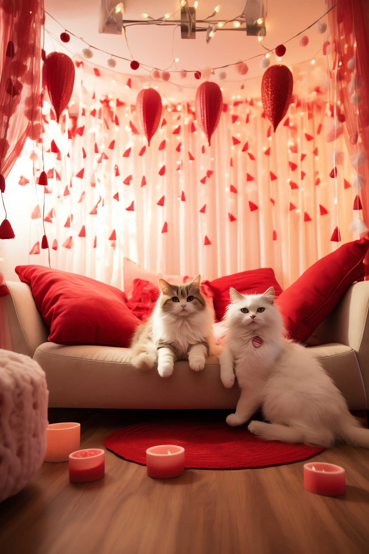 Affectionate felines, Domesticated pets festivity, Woven trimmings, Dramatic drapes, Amorous ambiance, HD Phone Wallpaper