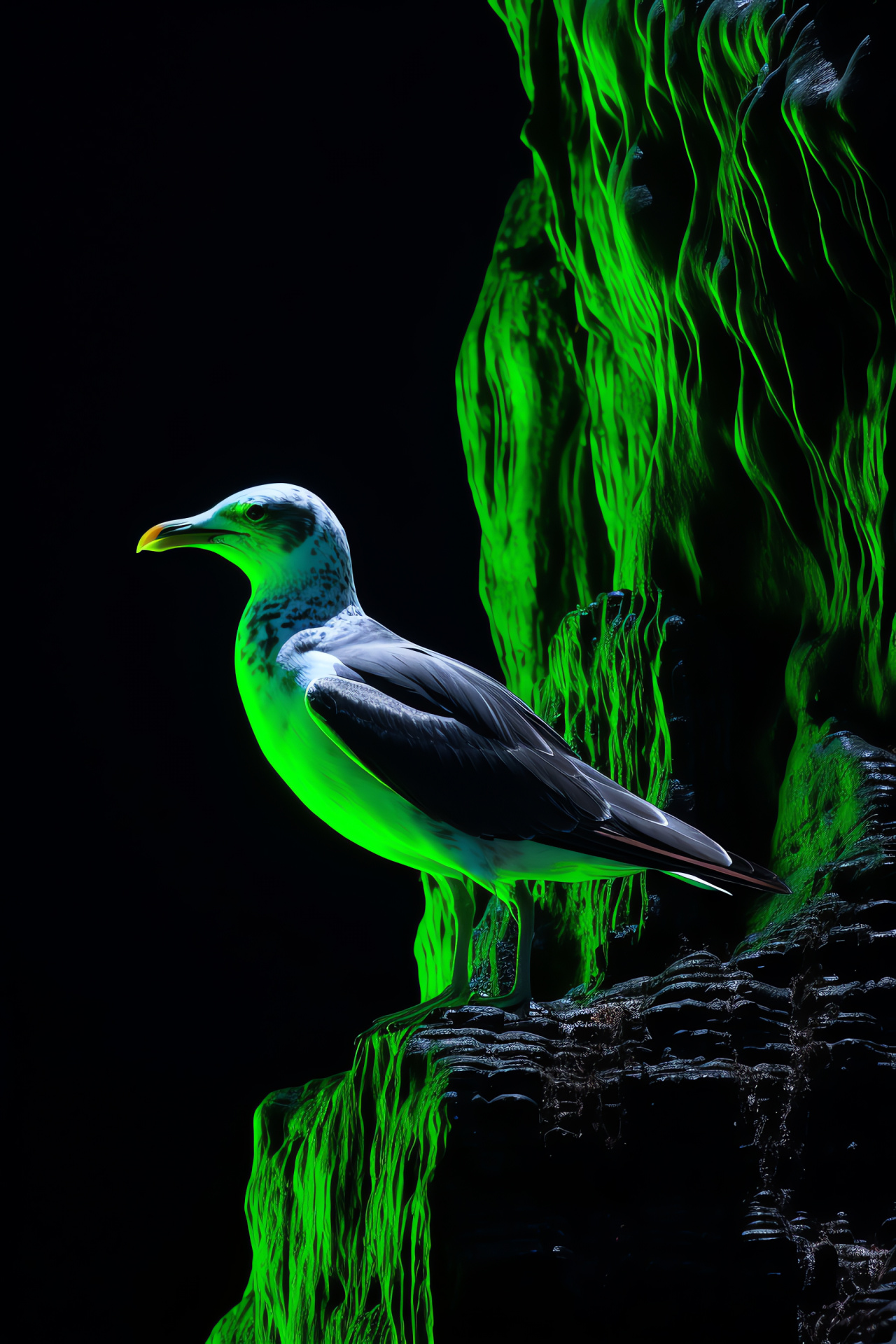 Cliffside Seagull, avian poise, atmospheric neon contours, sharp green contrasts, coastal perching, HD Phone Image
